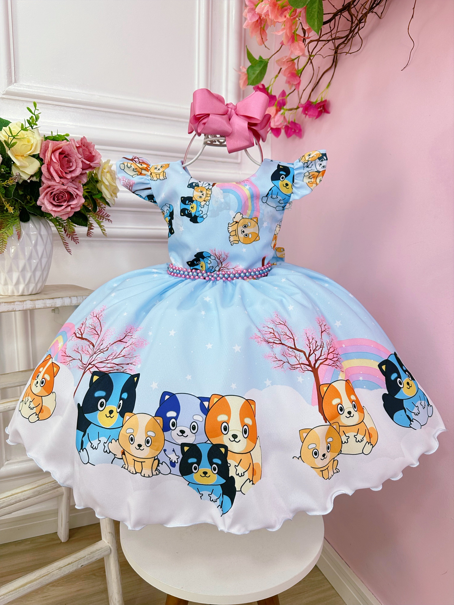 Vestido Infantil Azul Desenho Bluey Disney Festas