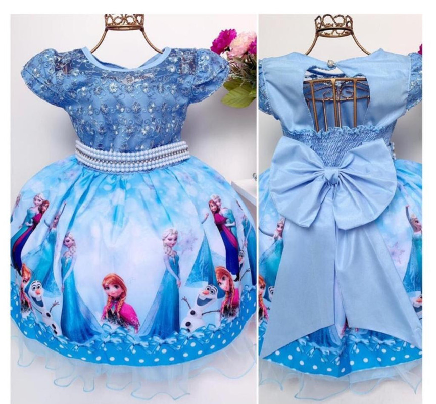 Vestido Infantil Azul Frozen Renda Cinto Pérolas