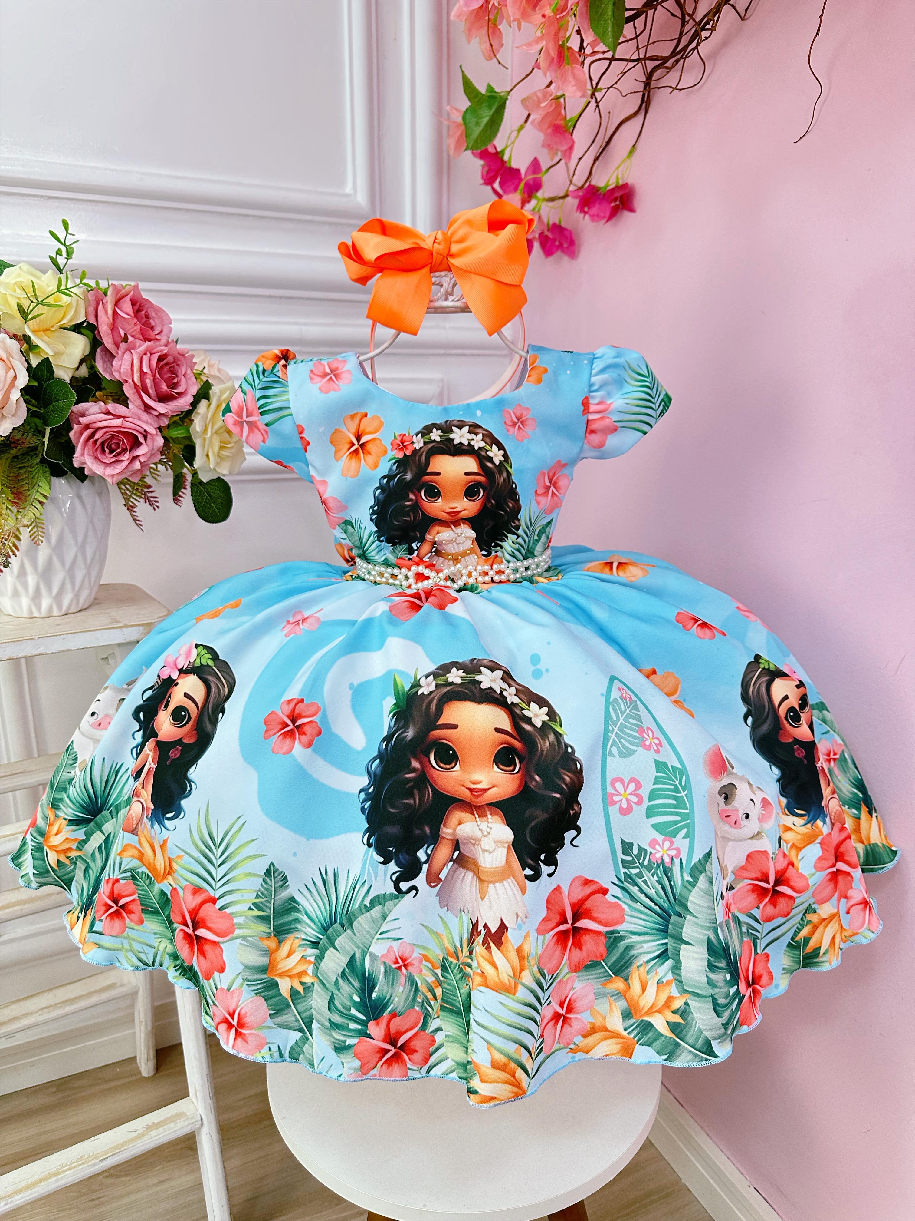 Vestido Infantil Azul Moana Doll Florido Luxo Festas