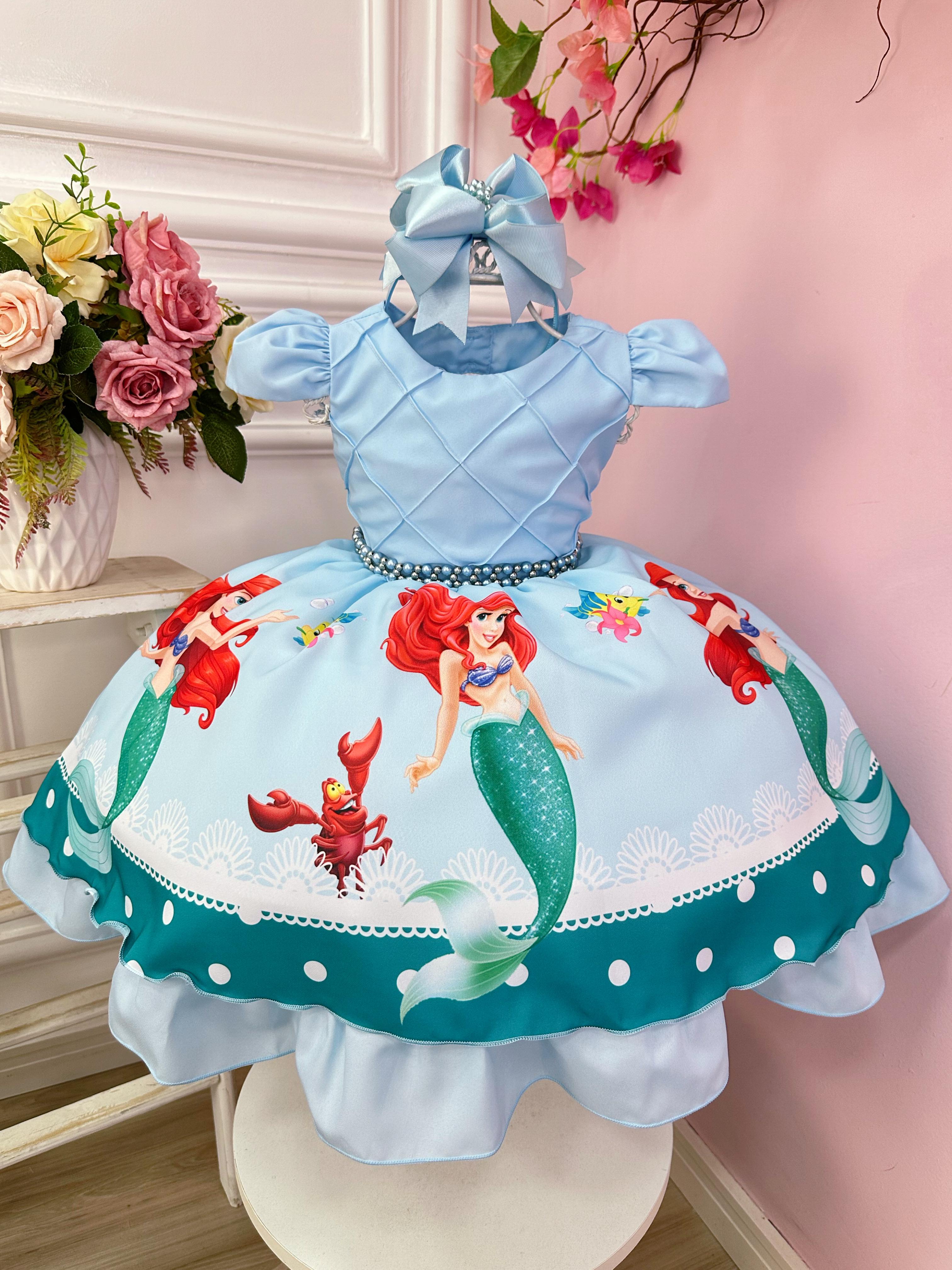 Vestido Infantil Azul Princesa Sereia Ariel Festas