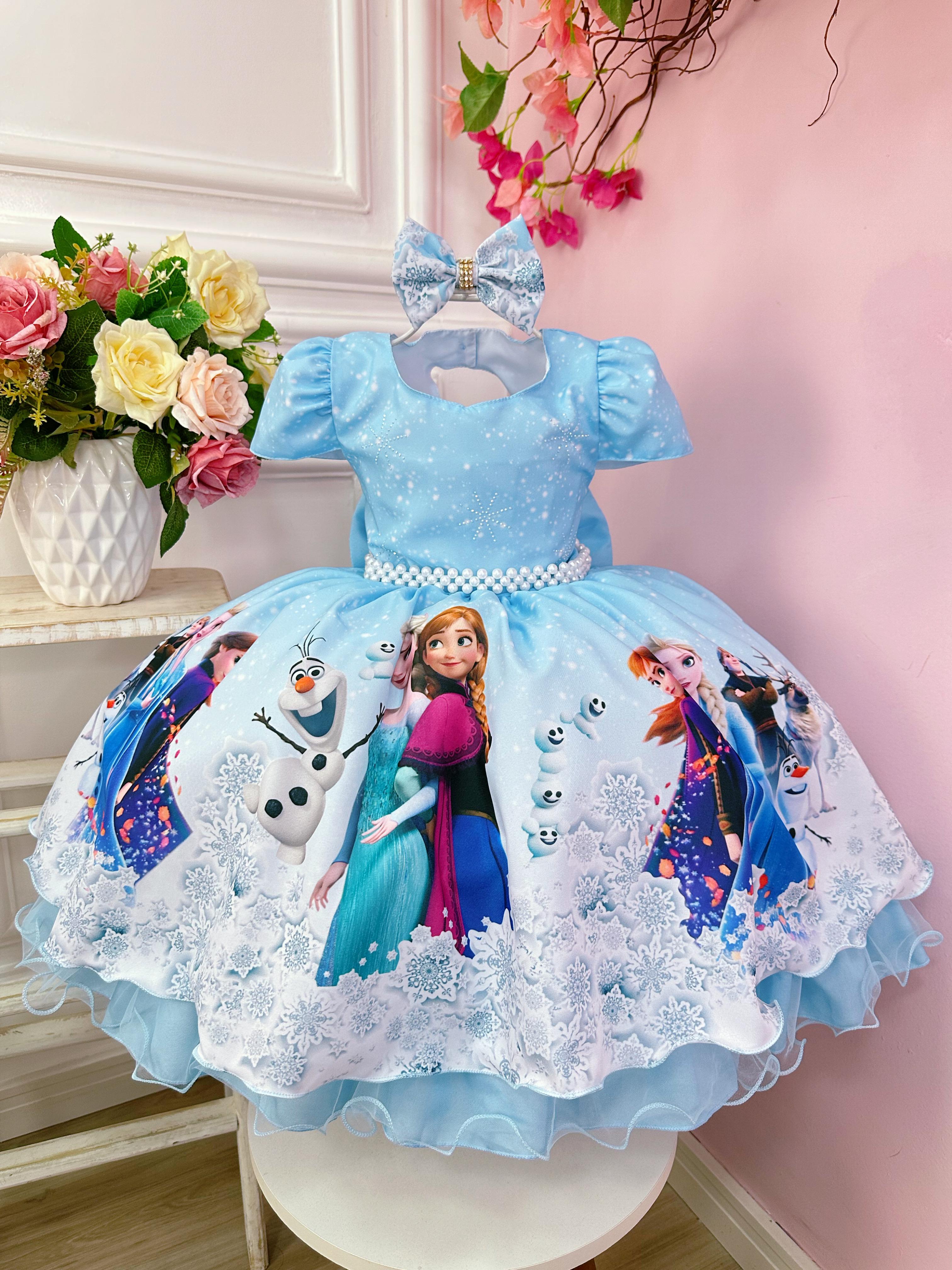 Vestido Infantil Azul Princesas Frozen Elsa Anna Com Laço