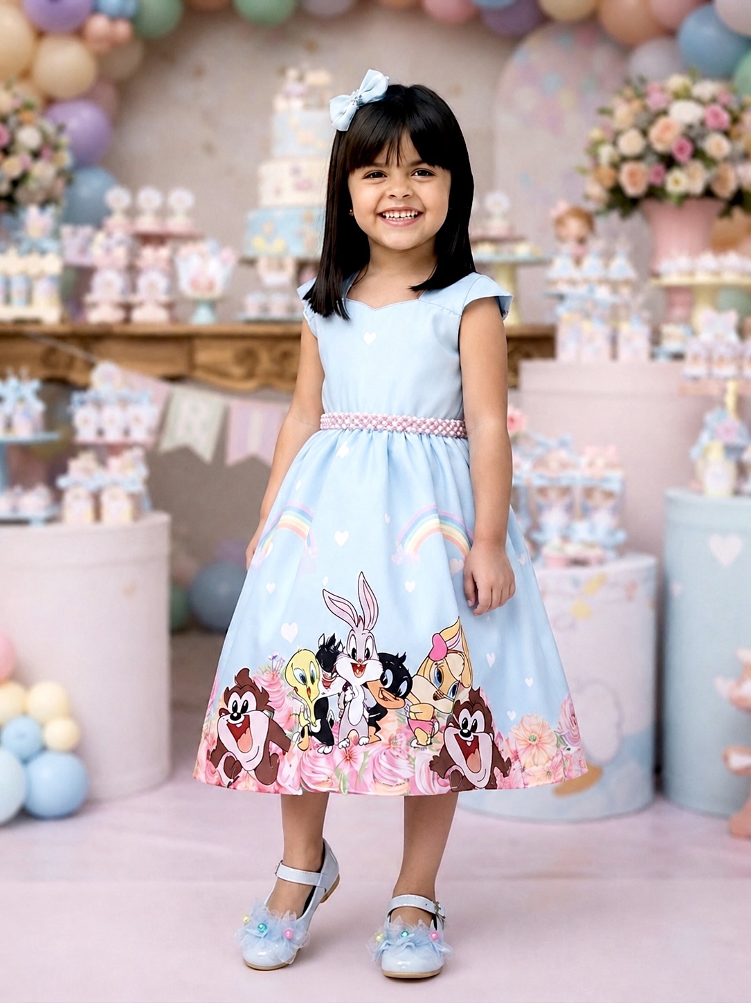Vestido Infantil Baby Looney Tunes Azul Claro C/ Laço Festas