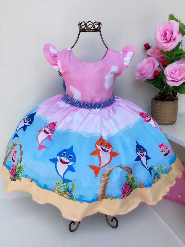 Vestido Infantil Baby Shark Rosa Luxo