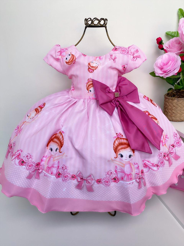 Vestido Infantil Bailarina Rosa Flores e Laços