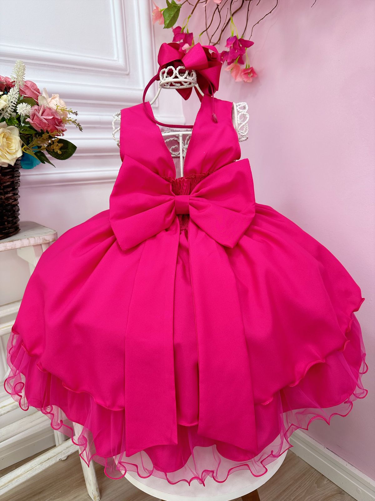 Vestido Infantil Barbie Rosa Aplique Laço - Fabuloso Ateliê