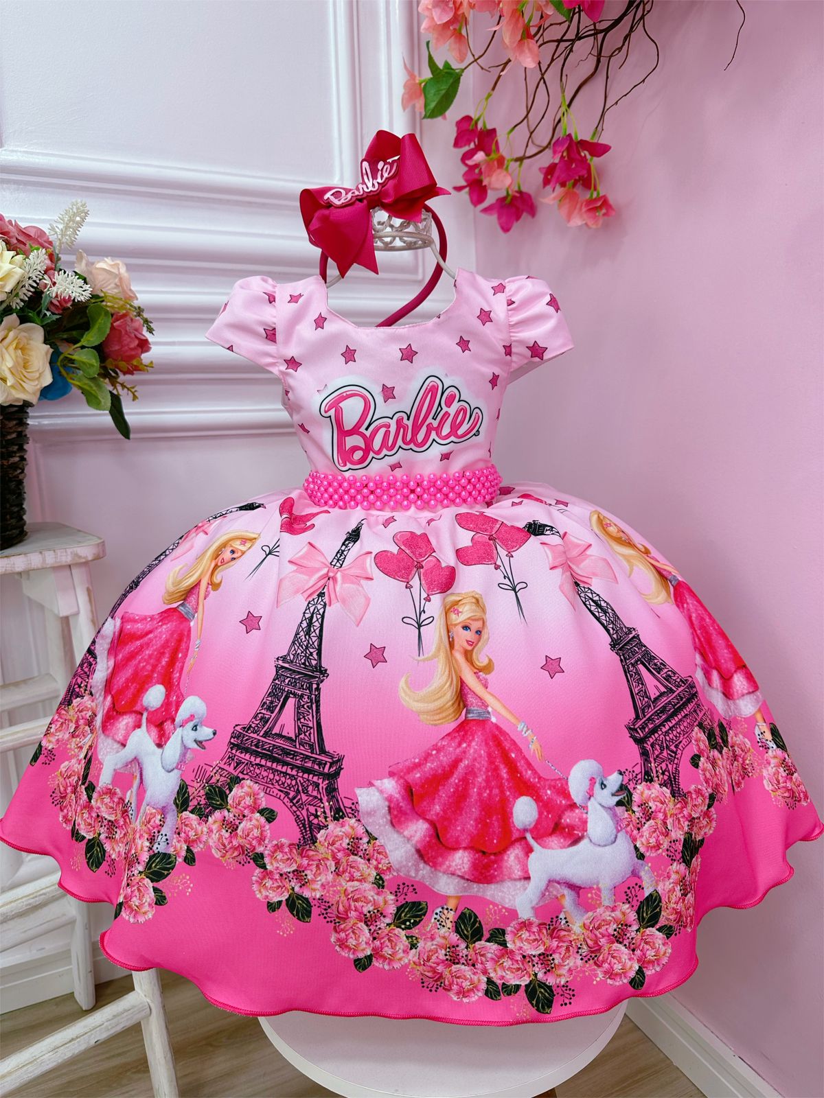 Vestido Infantil Barbie em Paris Rosa e Pink Cinto Pérolas
