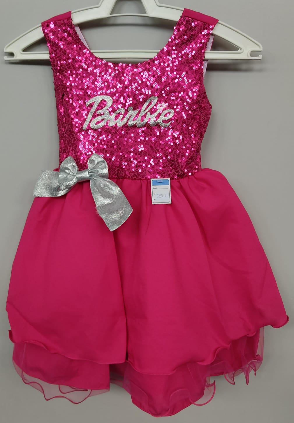 Vestido Infantil Barbie Busto Paetê Pink e Broche de Lacinho