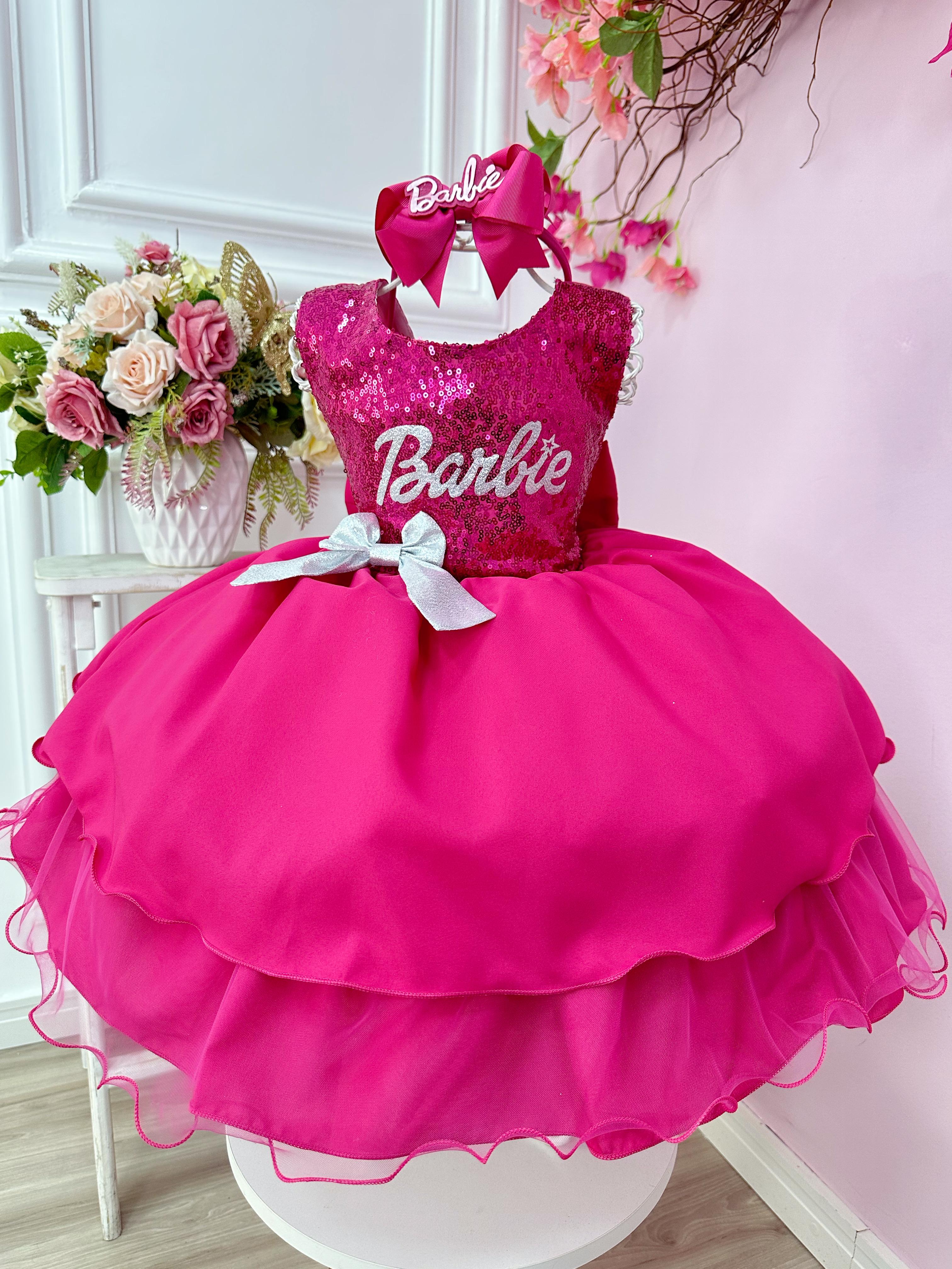 Vestido Infantil Barbie Pink Busto Paetê e Broche de Lacinho