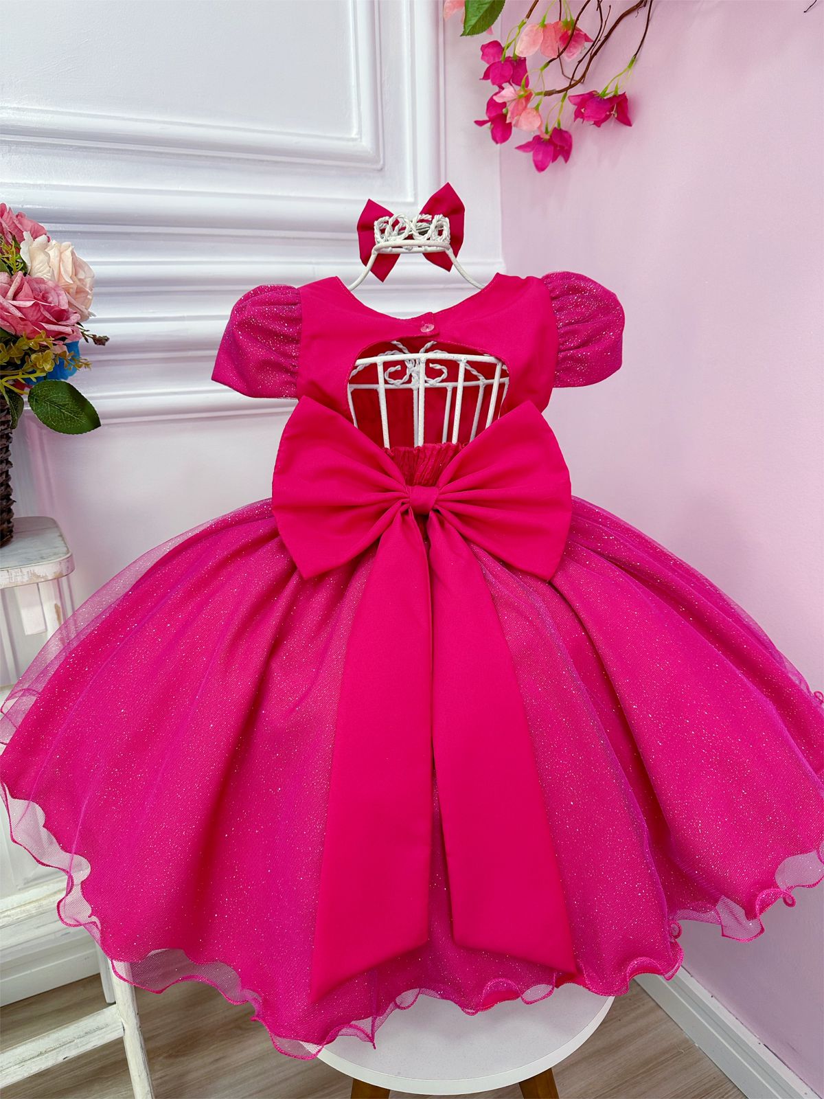 Vestido Infantil Princesa Barbie Com Laço e Glitter - Rosa