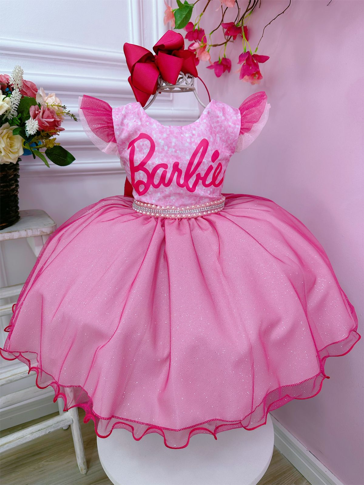 Vestido infantil Rosa Babados Glitter Brilho luxo