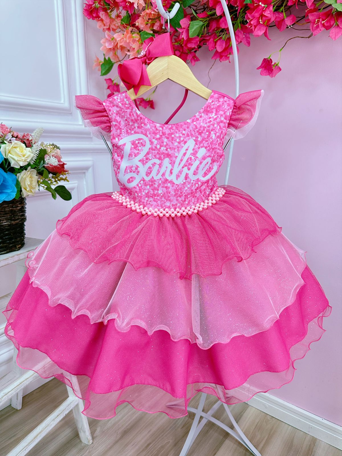 Vestido infantil Barbie Rosa Babados Saia Glitter Brilho