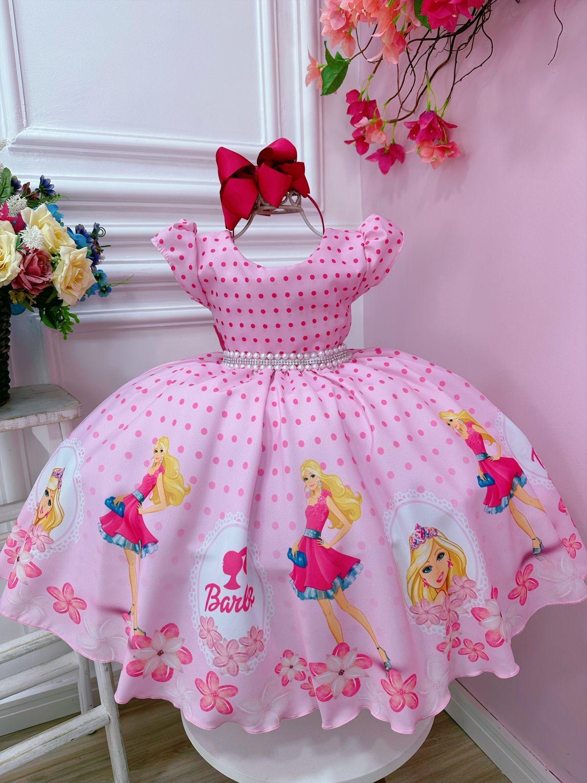 Vestido infantil Barbie Rosa C/ Cinto de Pérolas e Strass