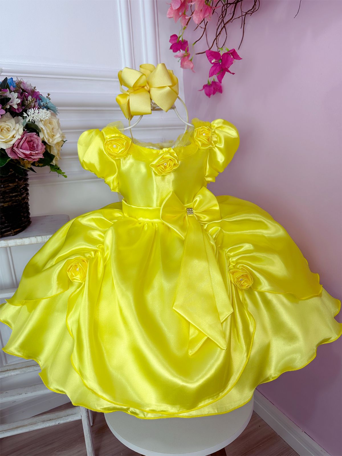 Vestido Infantil Bela e a Fera Amarelo C/ Aplique Flores