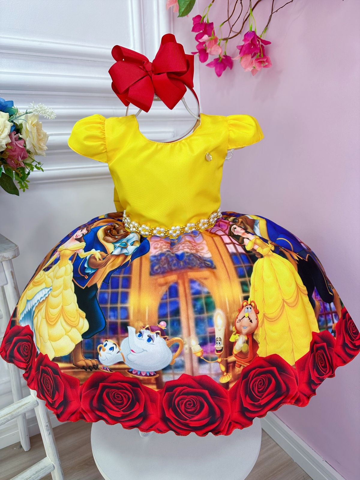 Vestido Infantil Amarelo C/ Cinto de Pérolas