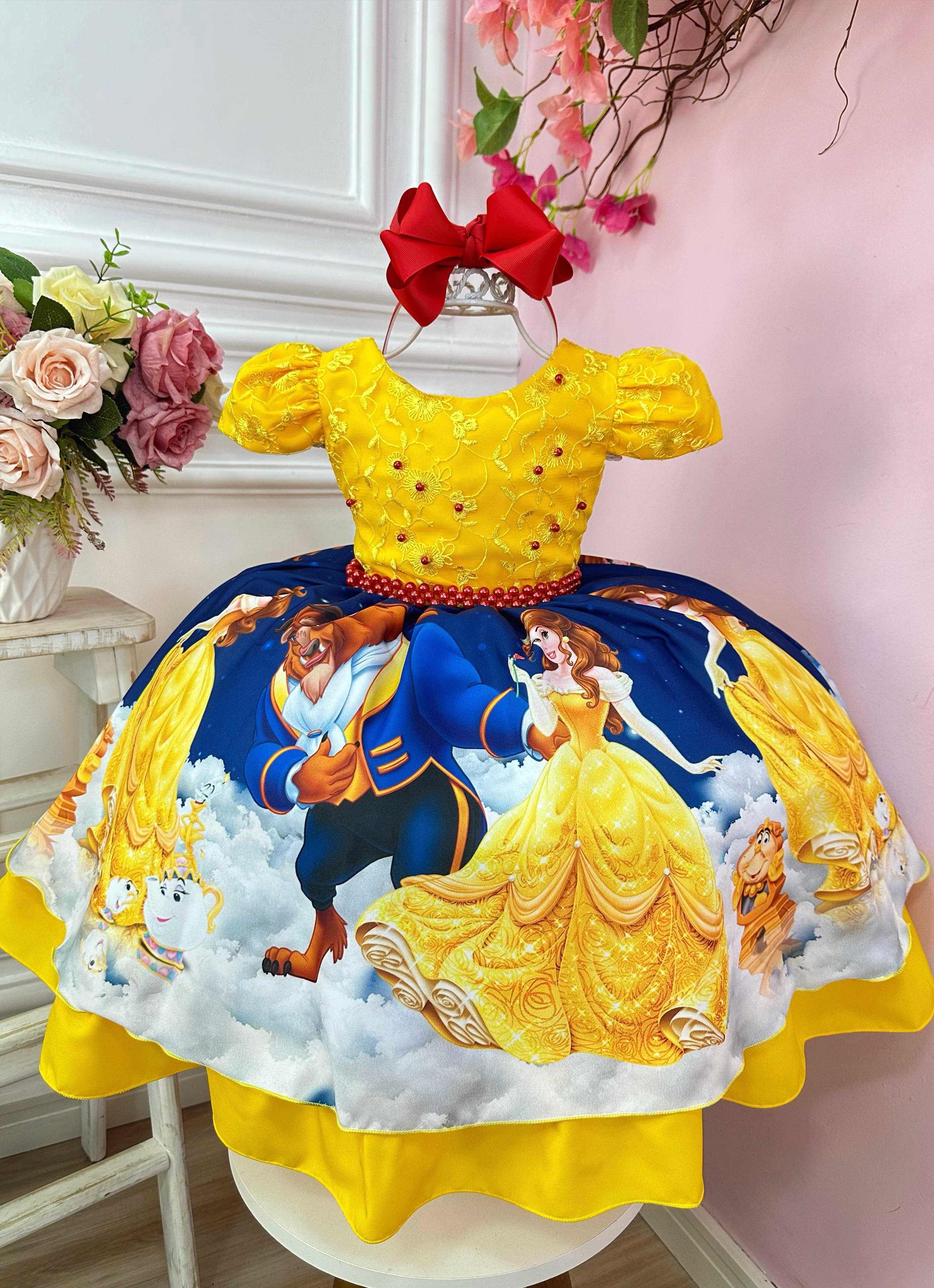 Vestido Infantil Amarelo e Azul C/ Renda Princesas Pérolas