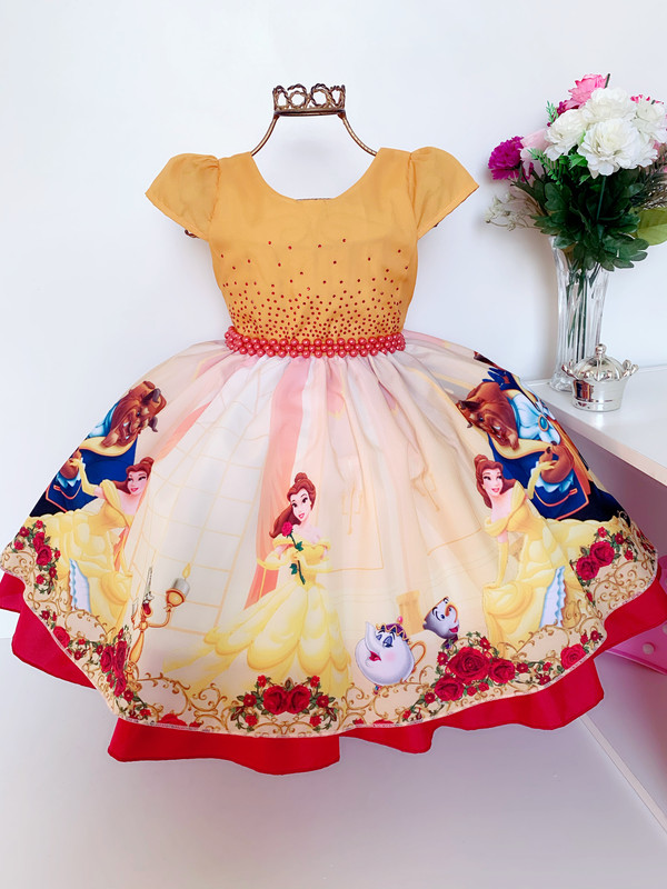 Vestido Infantil Bela e a Fera Amarelo Luxo Festa Aniversári