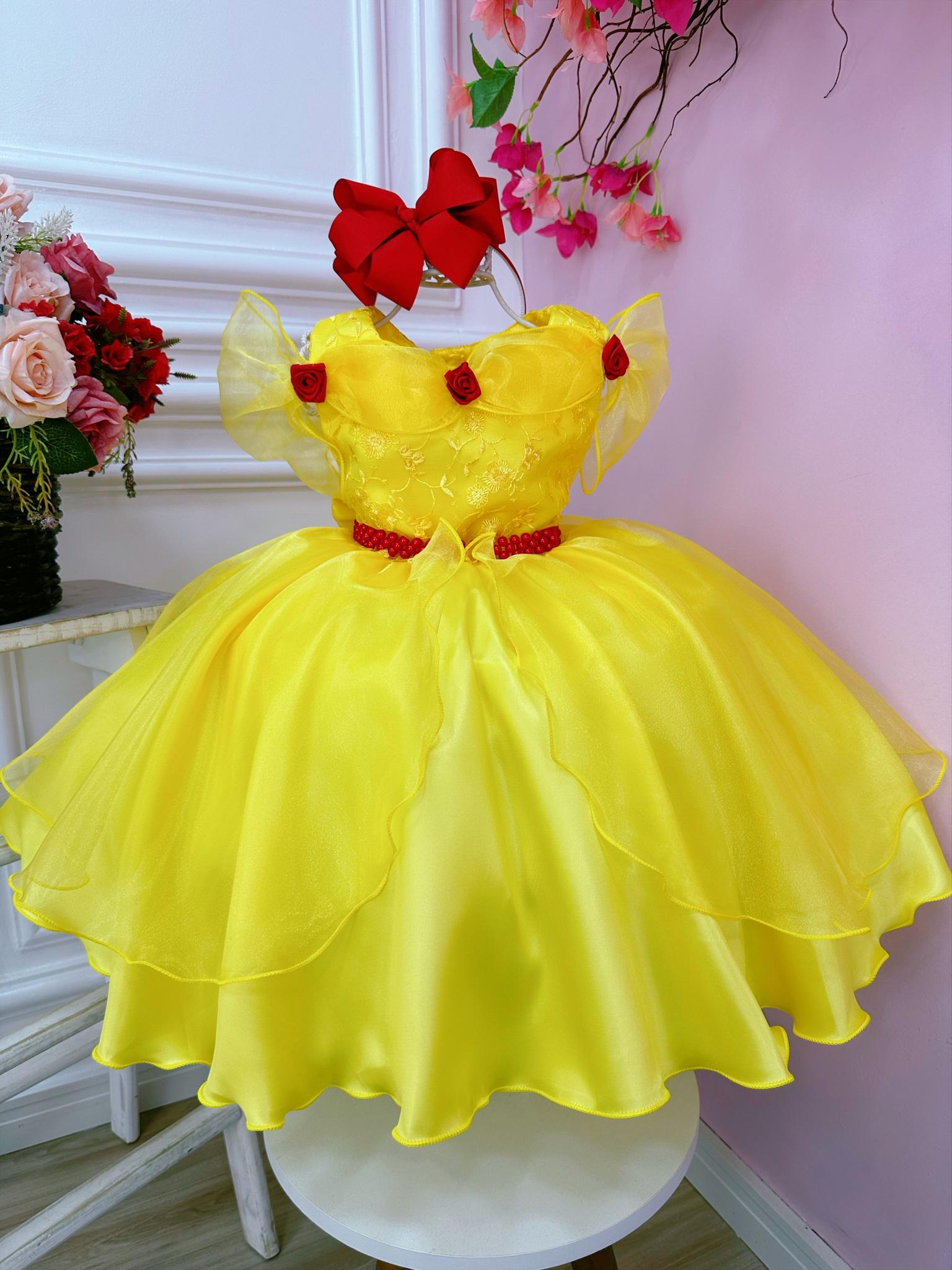 Vestido Infantil Bela e a Fera C/ Renda Aplique e Pérolas