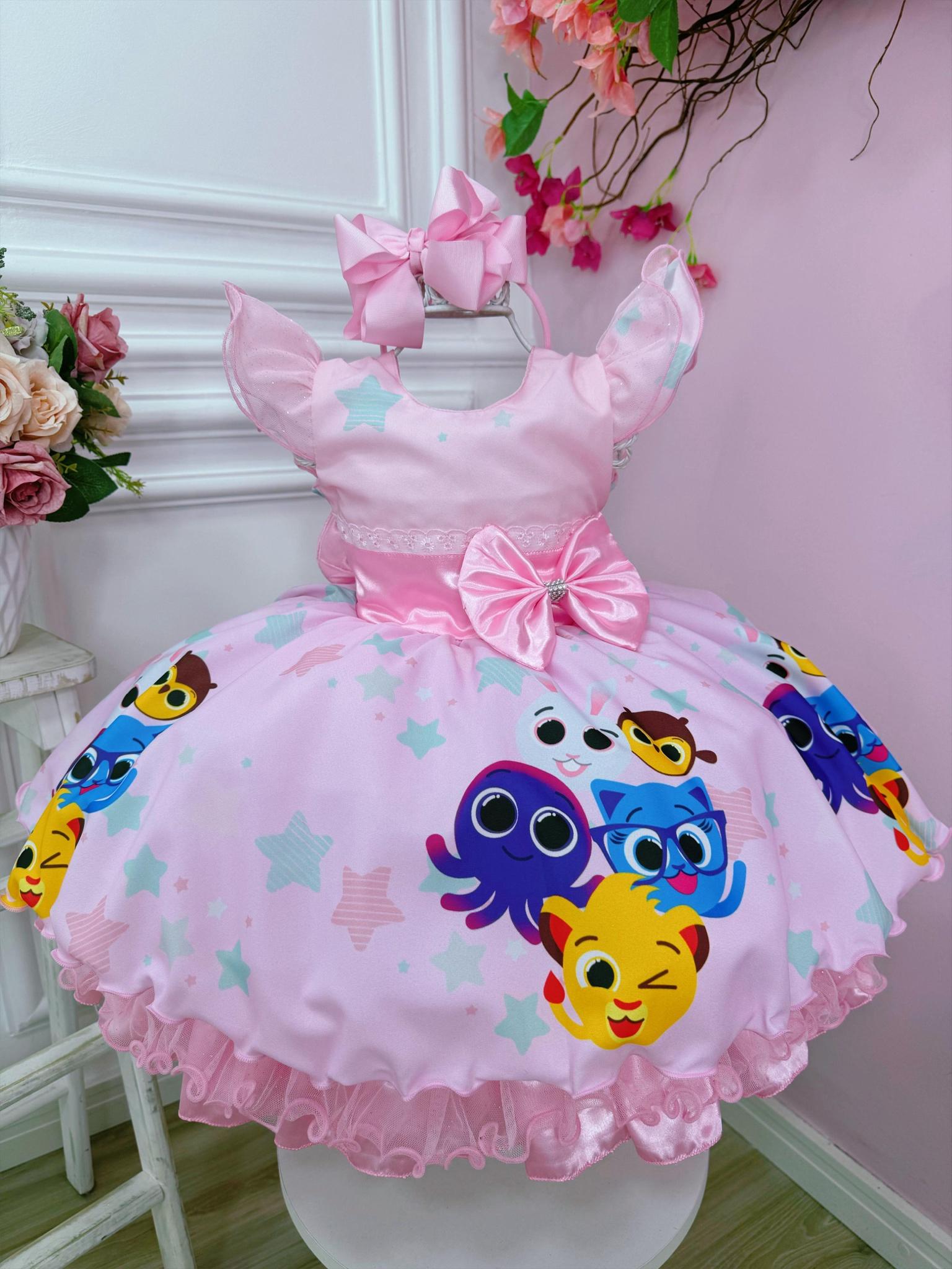 Vestido Infantil Bolofofos Rosa C/ Broche de Lacinho Luxo