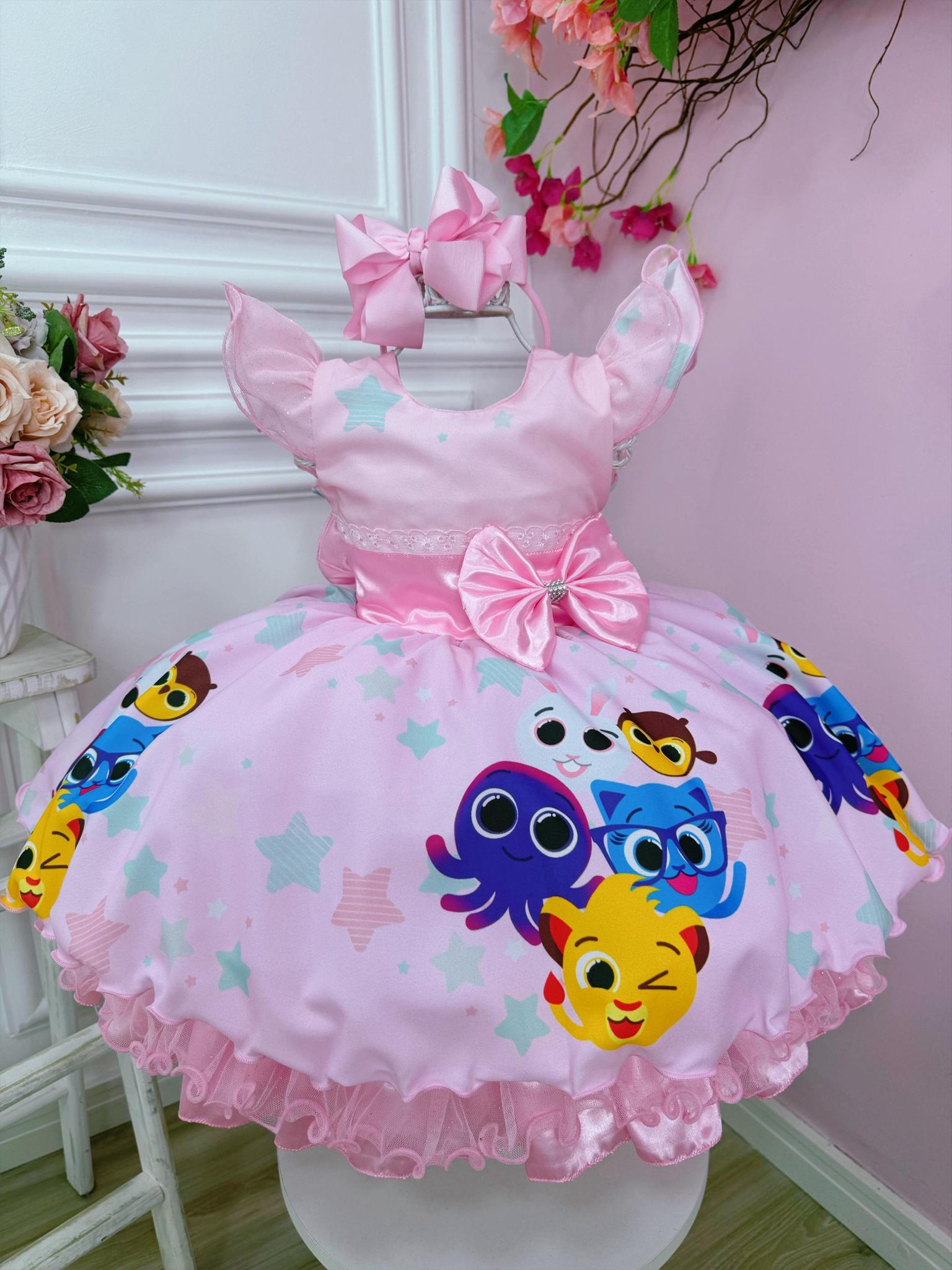 Vestido Infantil Rosa C/ Broche de Lacinho Luxo