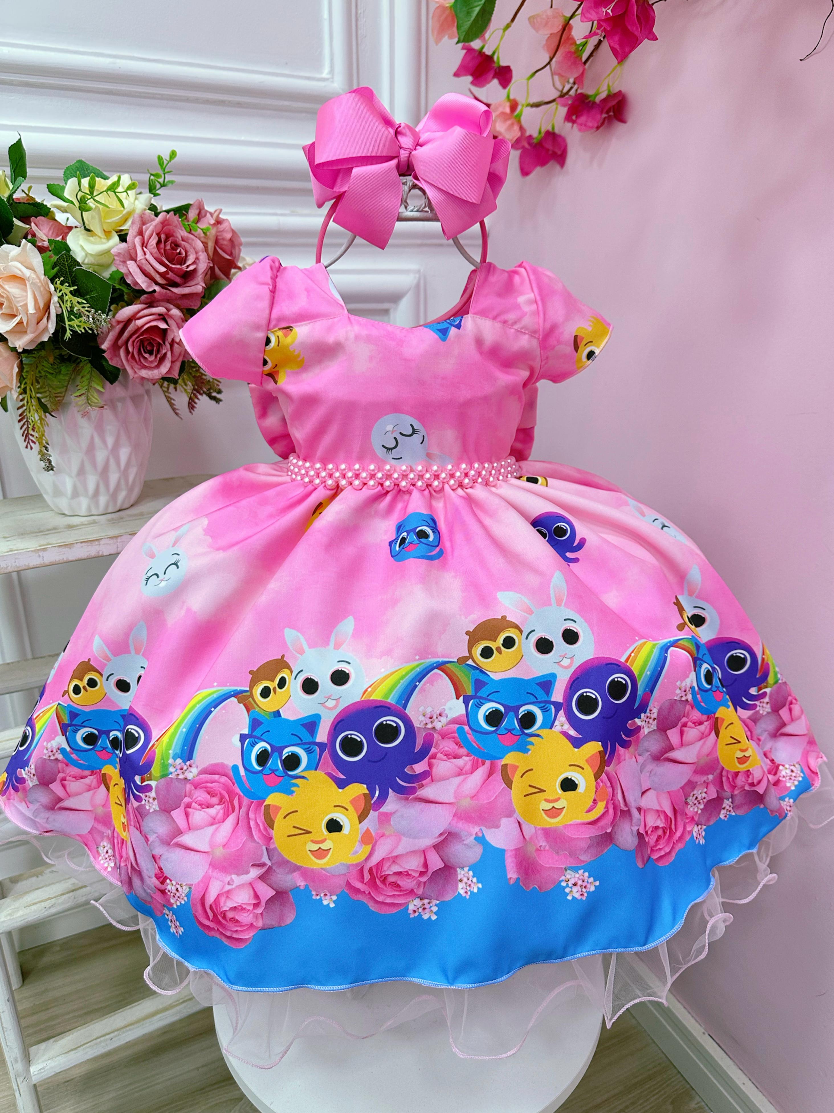 Vestido Infantil Bolofofos Rosa C/ Cinto de Pérolas Festas