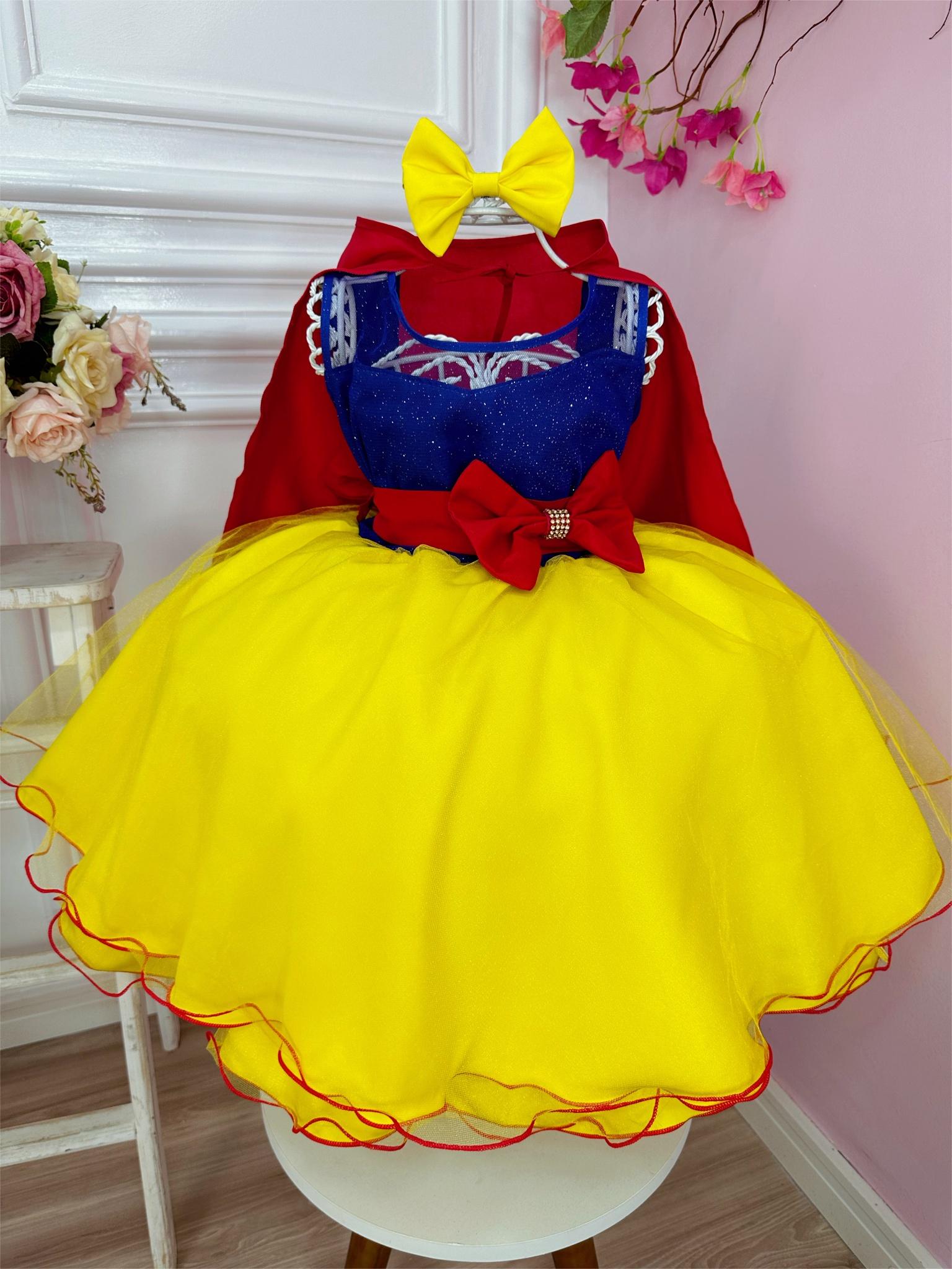 Vestido Infantil Branca de Neve Amarela C/ Capa e Laço