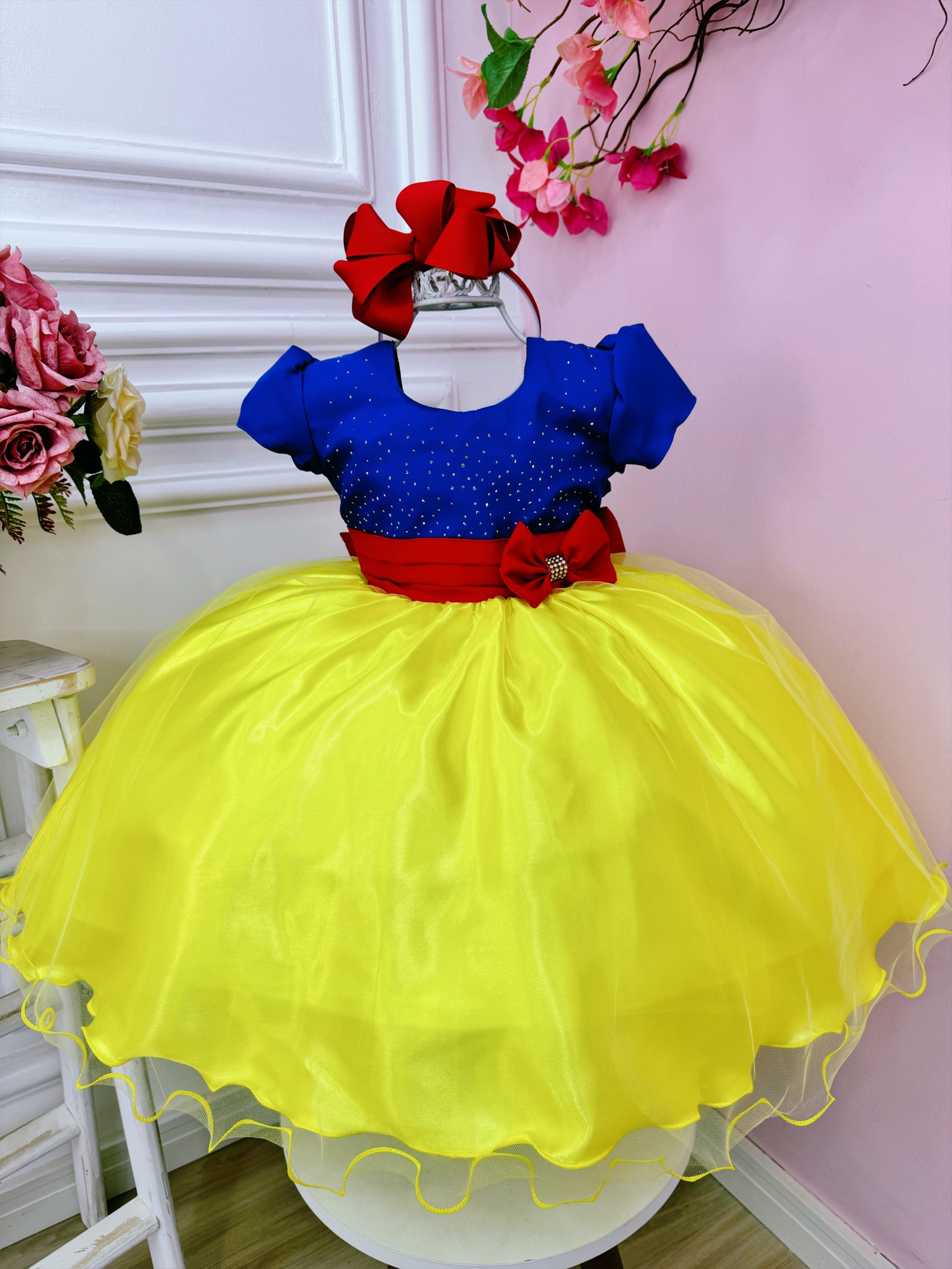Vestido Infantil Branca de Neve Amarelo Azul Festas