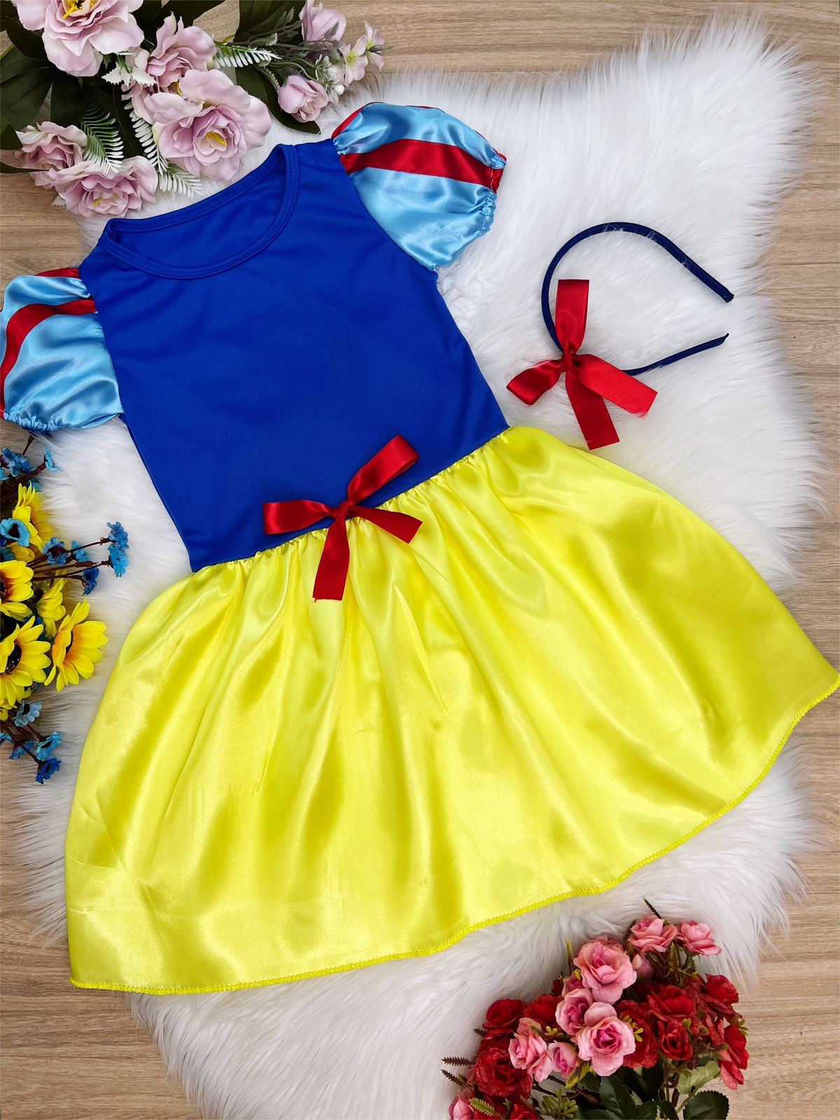 Vestido Infantil Branca de Neve Amarelo Com Tiara Luxo