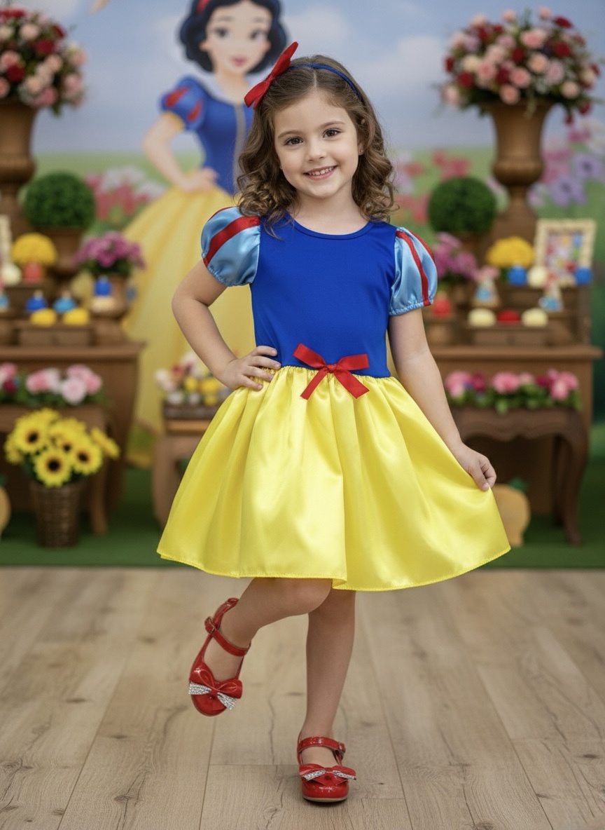 Vestido Infantil Branca de Neve Amarelo Com Tiara Luxo