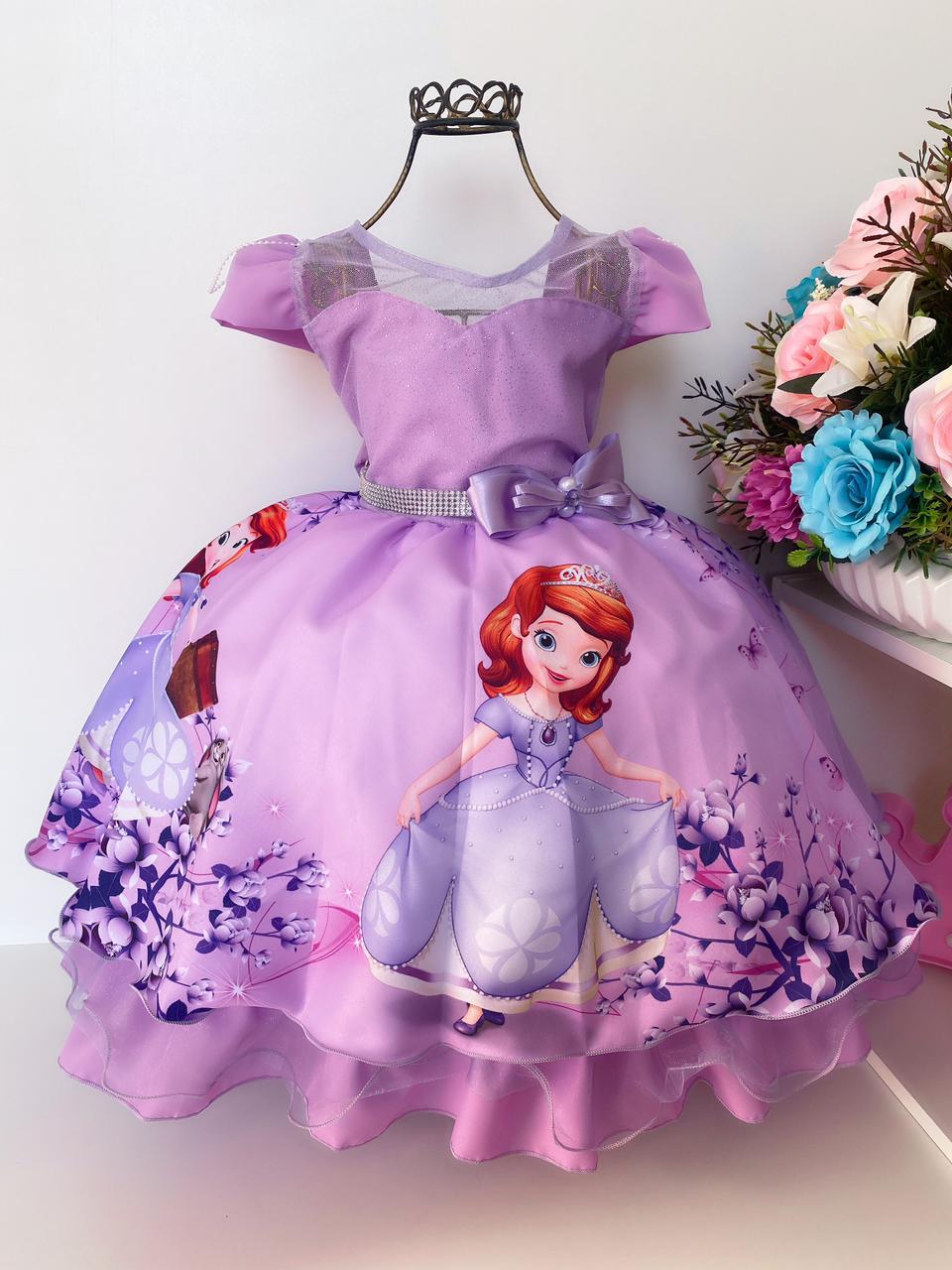 Vestido Infantil Princesa Sofia Lilás Cinto de Strass Luxo - Rosa Charmosa  Atacado