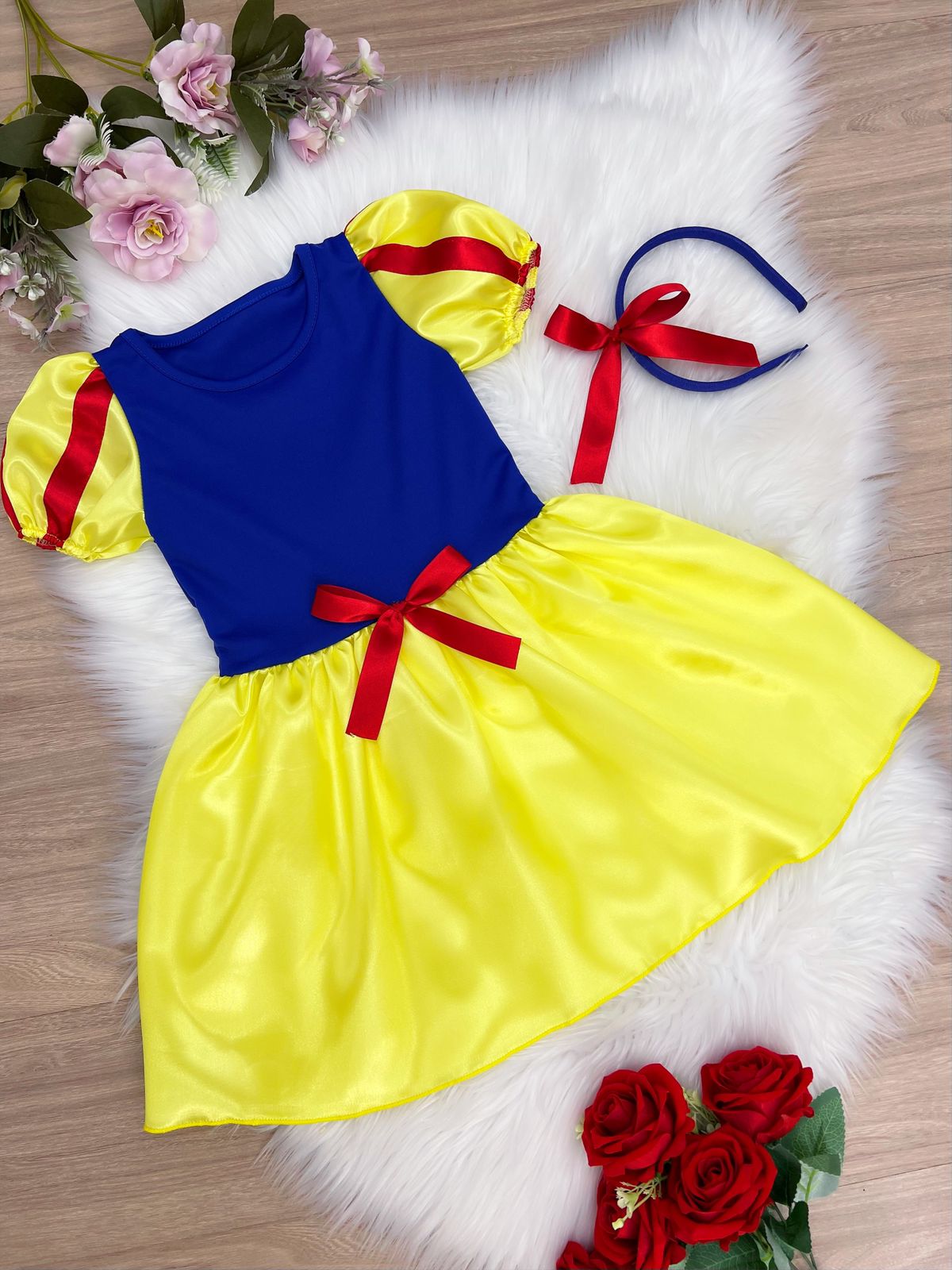 Vestido Infantil Branca de Neve Amarelo Luxo C/Tiara