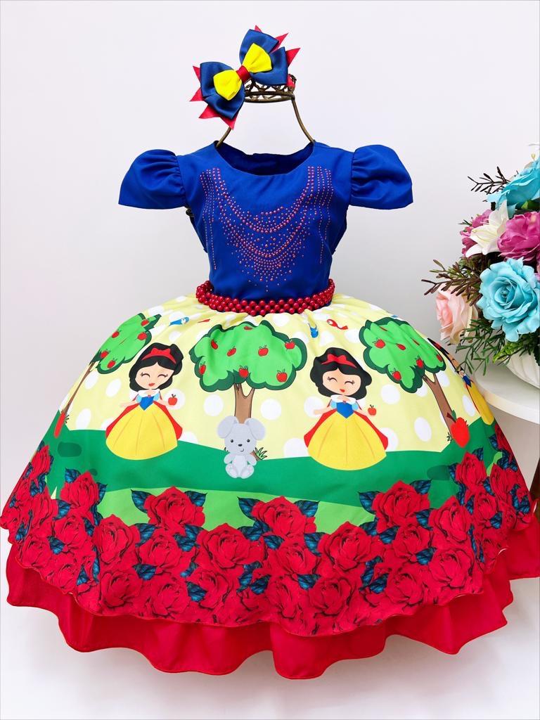 Vestido Infantil Branca de Neve Cinto Pérolas Bico de Pato