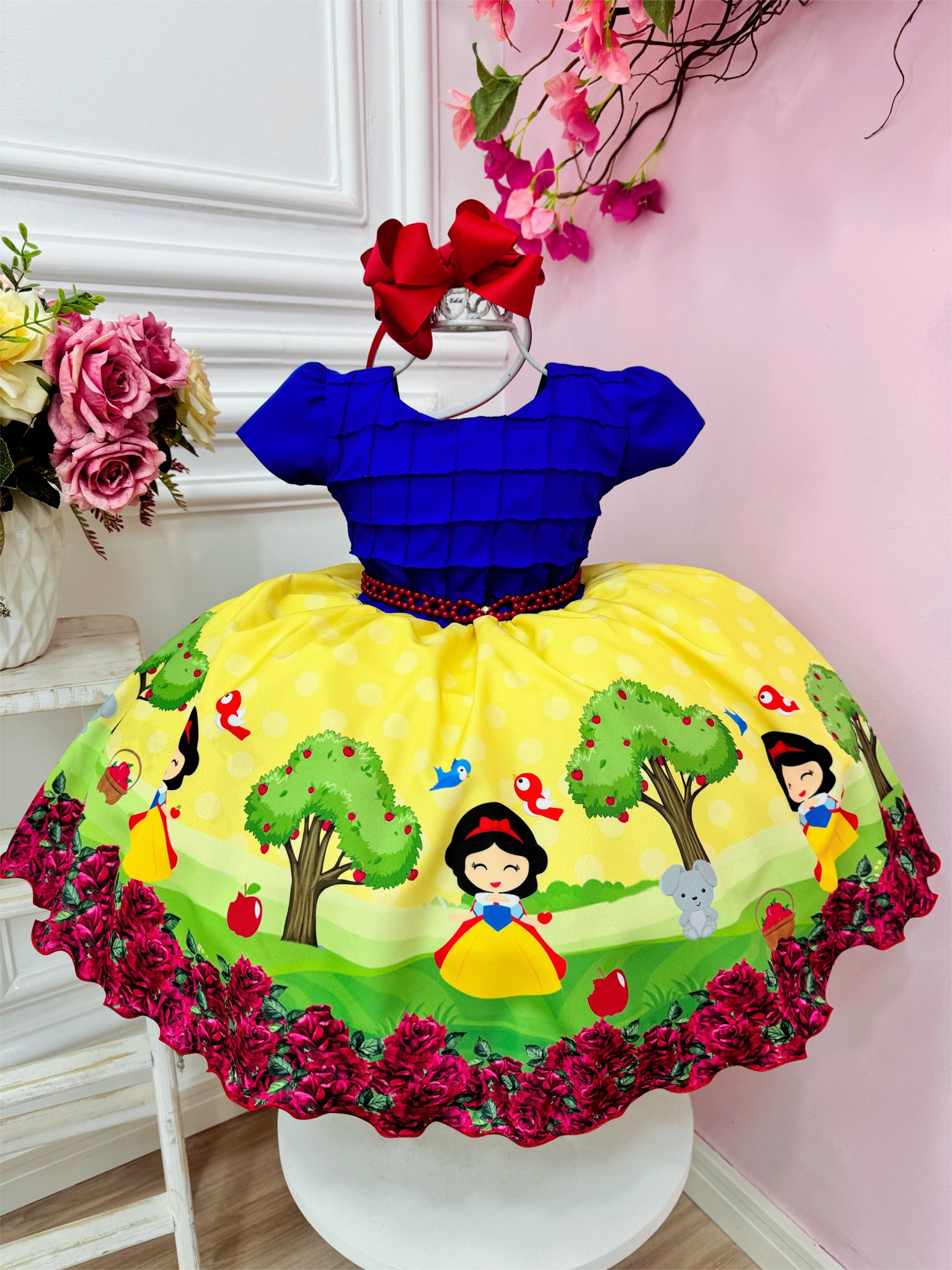 Vestido Infantil Branca de Neve Princesas Azul C/ Pérolas