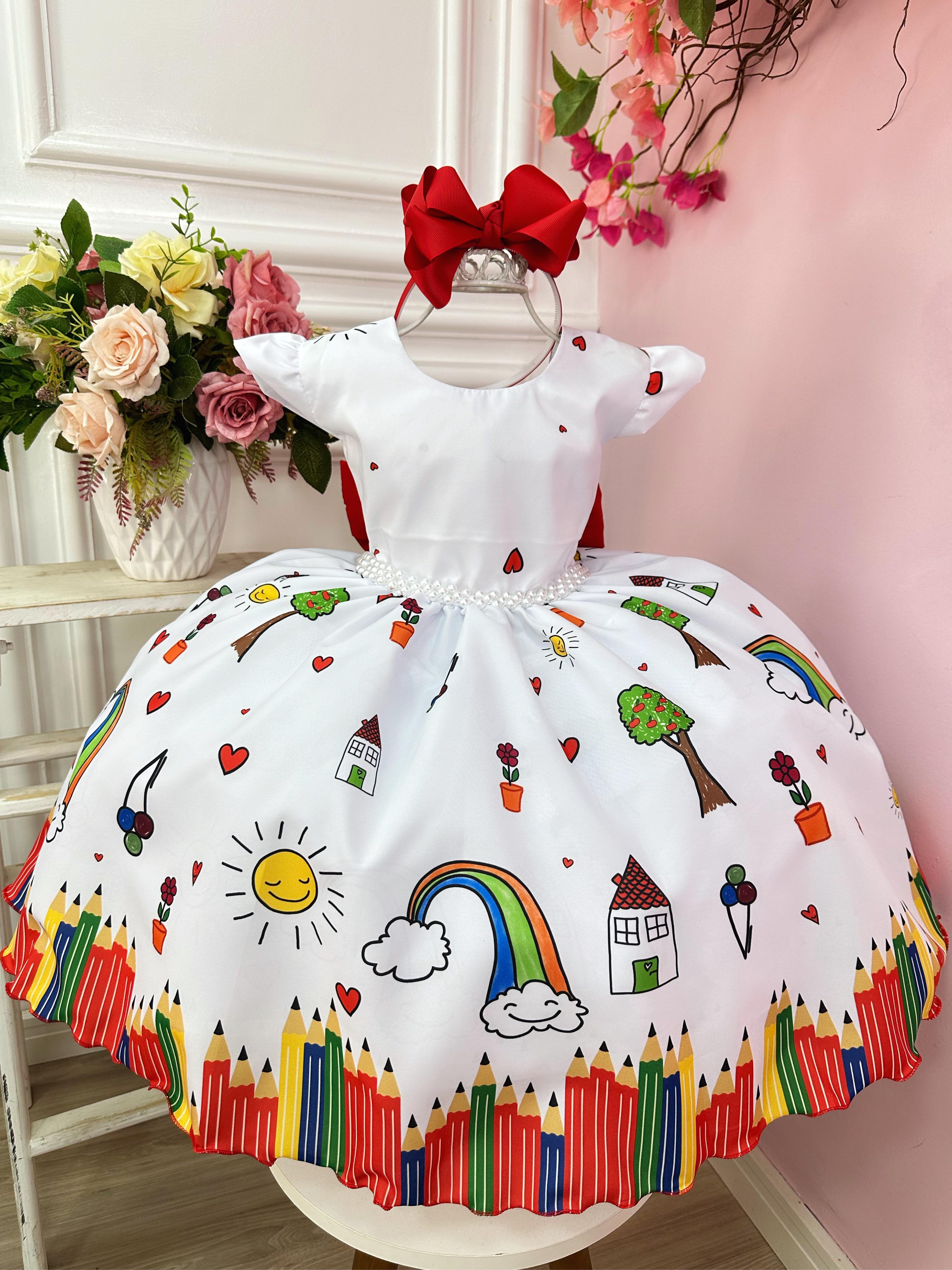 Vestido Infantil Branco Aquarela C/ Cinto de Pérolas Festas