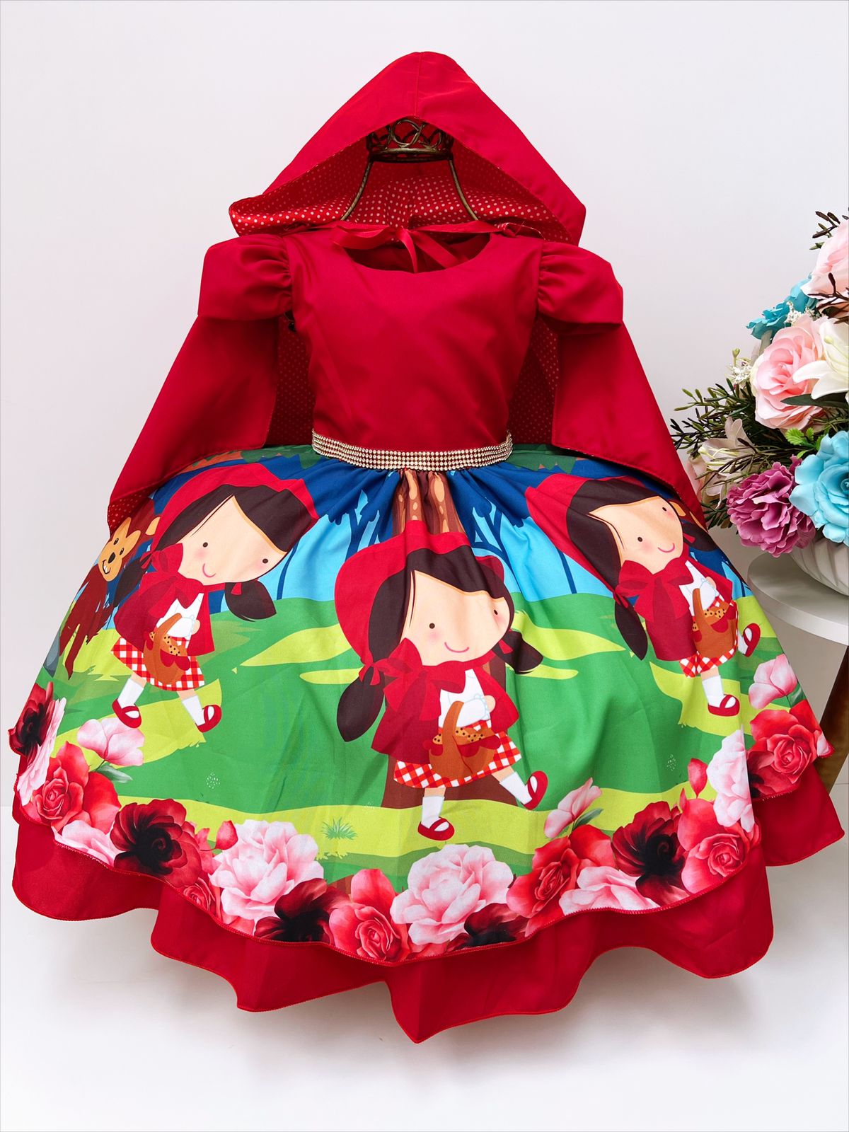Vestido Infantil Chapeuzinho Vermelho Floral com Capuz
