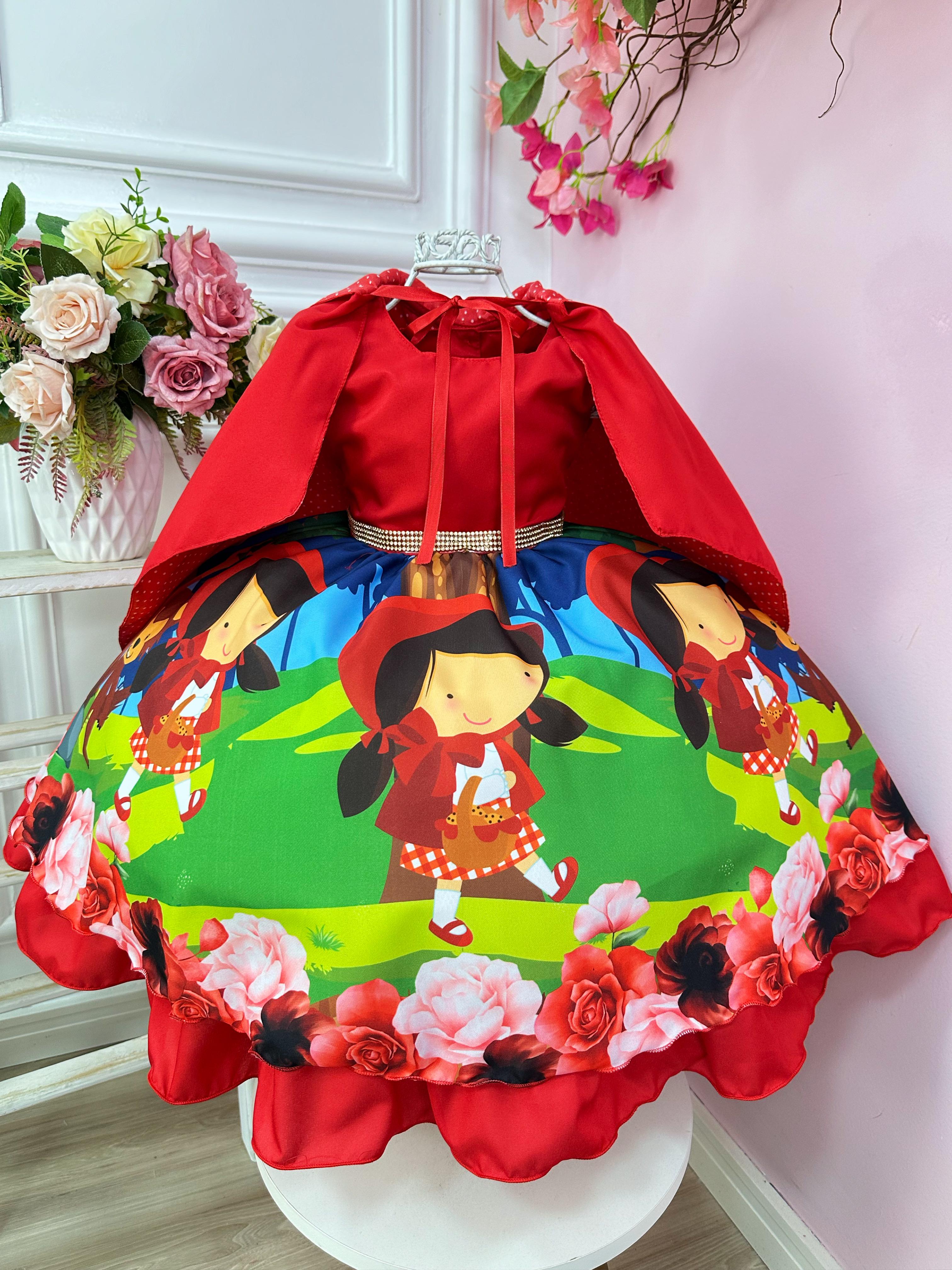 Vestido Infantil Chapeuzinho Vermelho Floral com Capuz