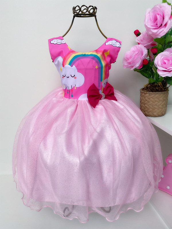 Vestido Infantil Chuva de Amor e Bençãos Rosa e Pink Luxo