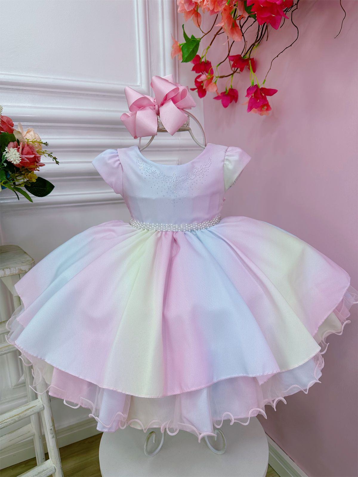 Vestido Infantil Bebê Chuva de Amor Peito Strass e Pérolas