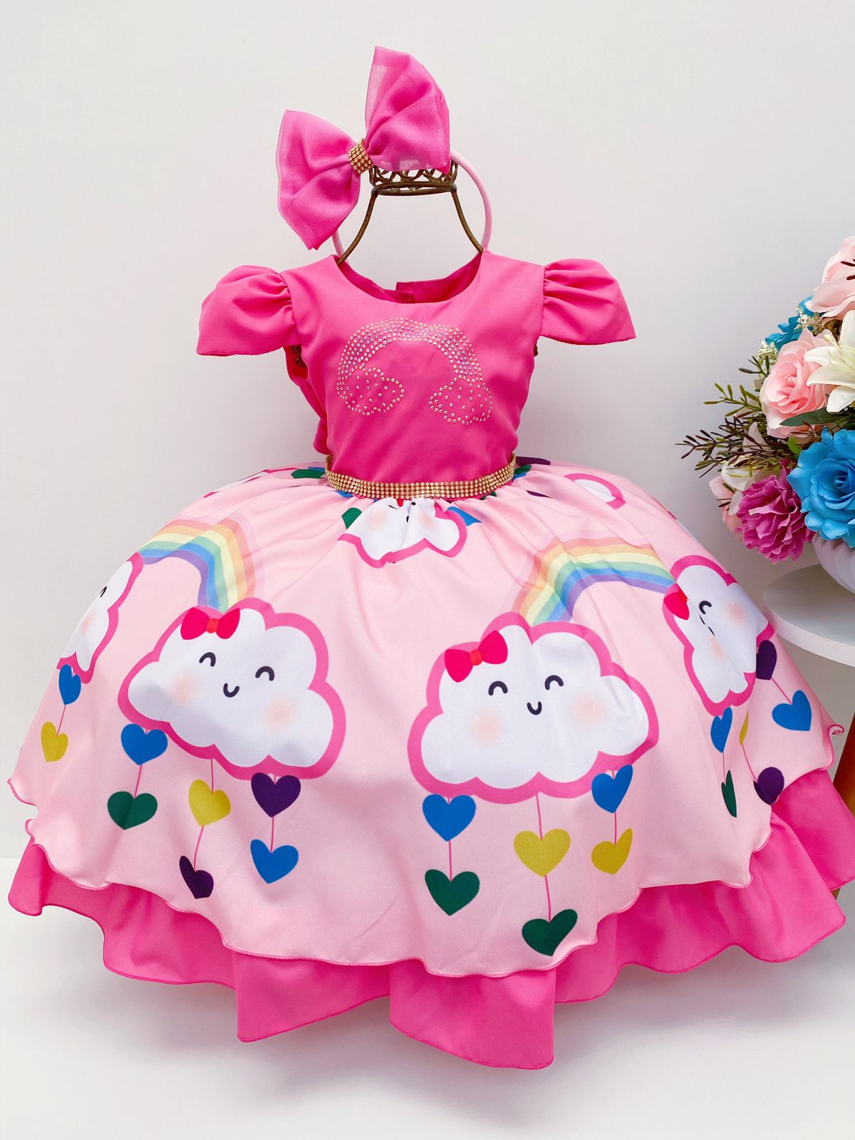 Vestido Infantil Chuva de Bênçãos Amor Pink Strass C/ Tiara
