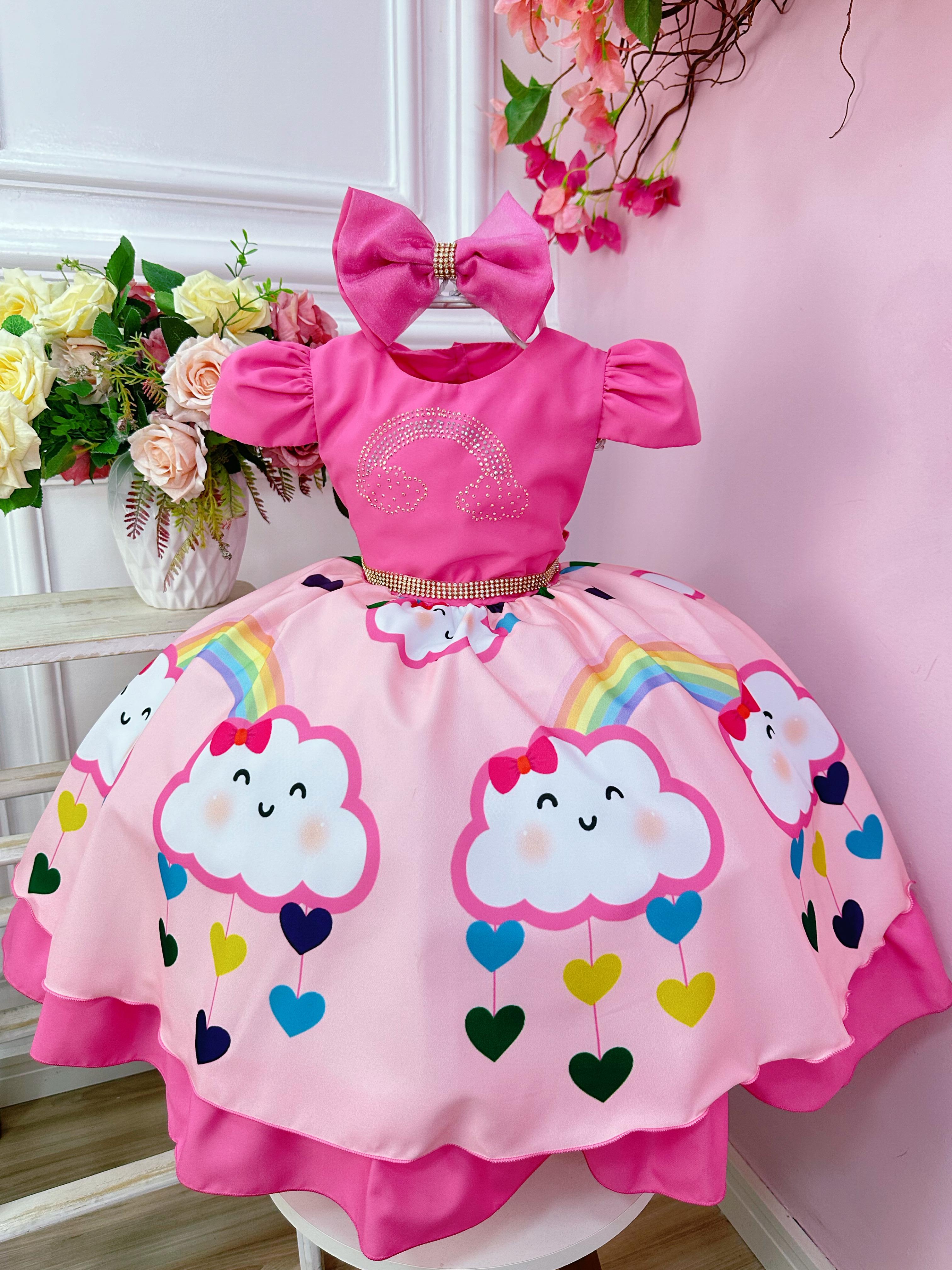 Vestido Infantil Chuva de Bênçãos Amor Pink Strass C/ Tiara