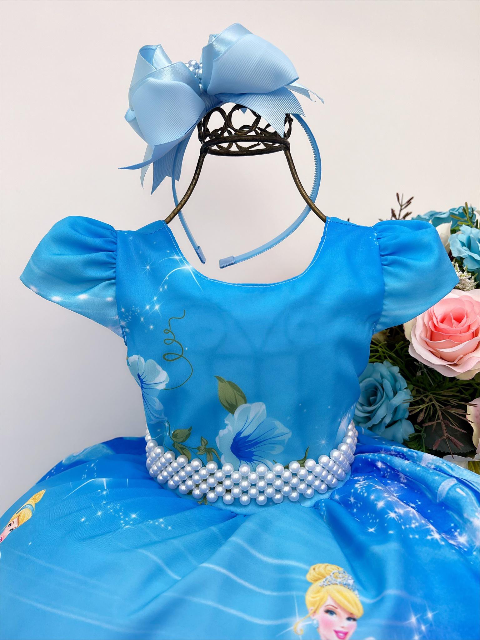 Vestido Infantil de Festa Azul Princesa Cinderela