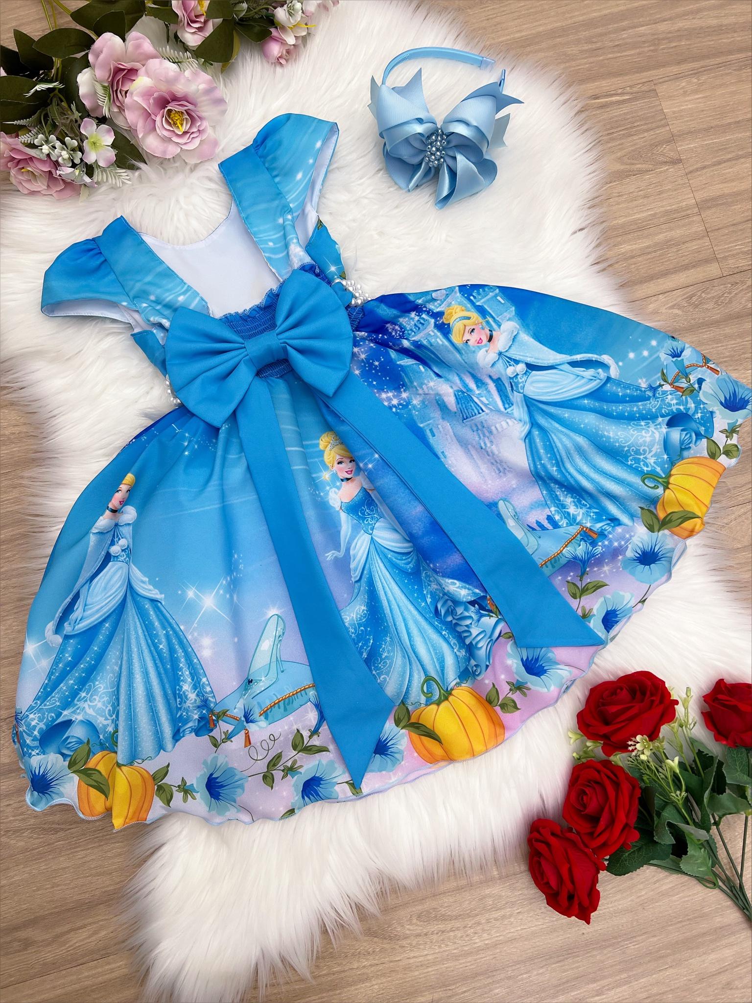 Vestido Infantil Frozen e Cinderela Com Renda Cinto Pérolas