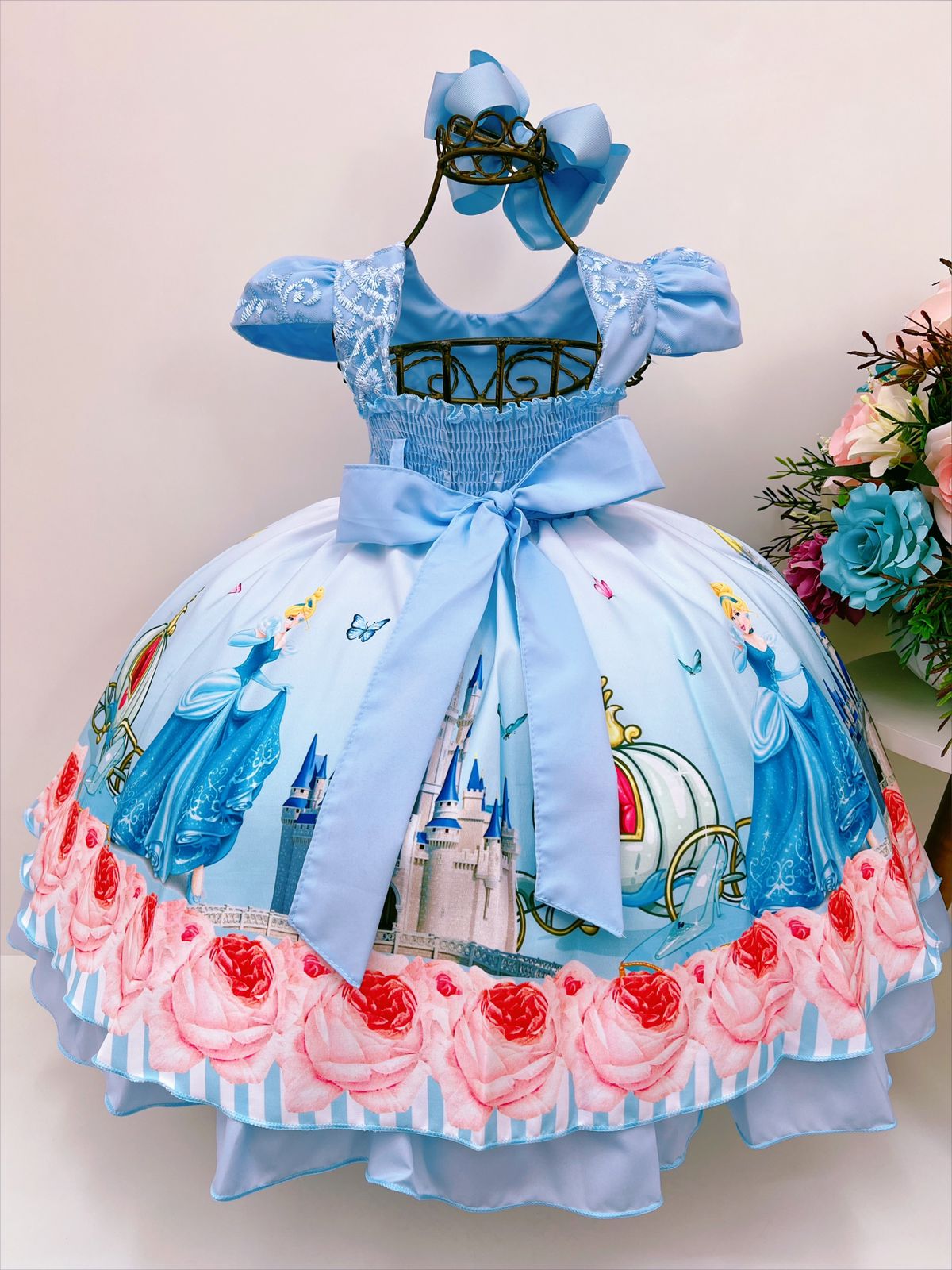 Vestido Infantil Cinderela Azul Renda Luxo Pérolas e Strass - Rosa Charmosa  Atacado