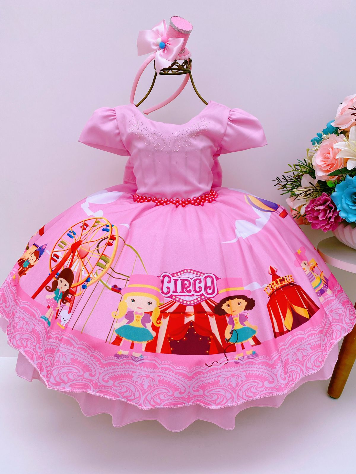 Vestido Infantil Circo Rosa Cinto Pérolas Strass Luxo