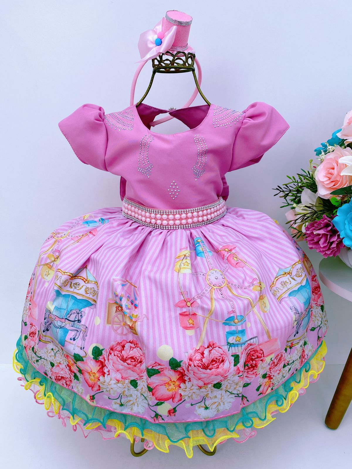 Vestido Infantil Circo Rosa Flores Strass E Pérolas