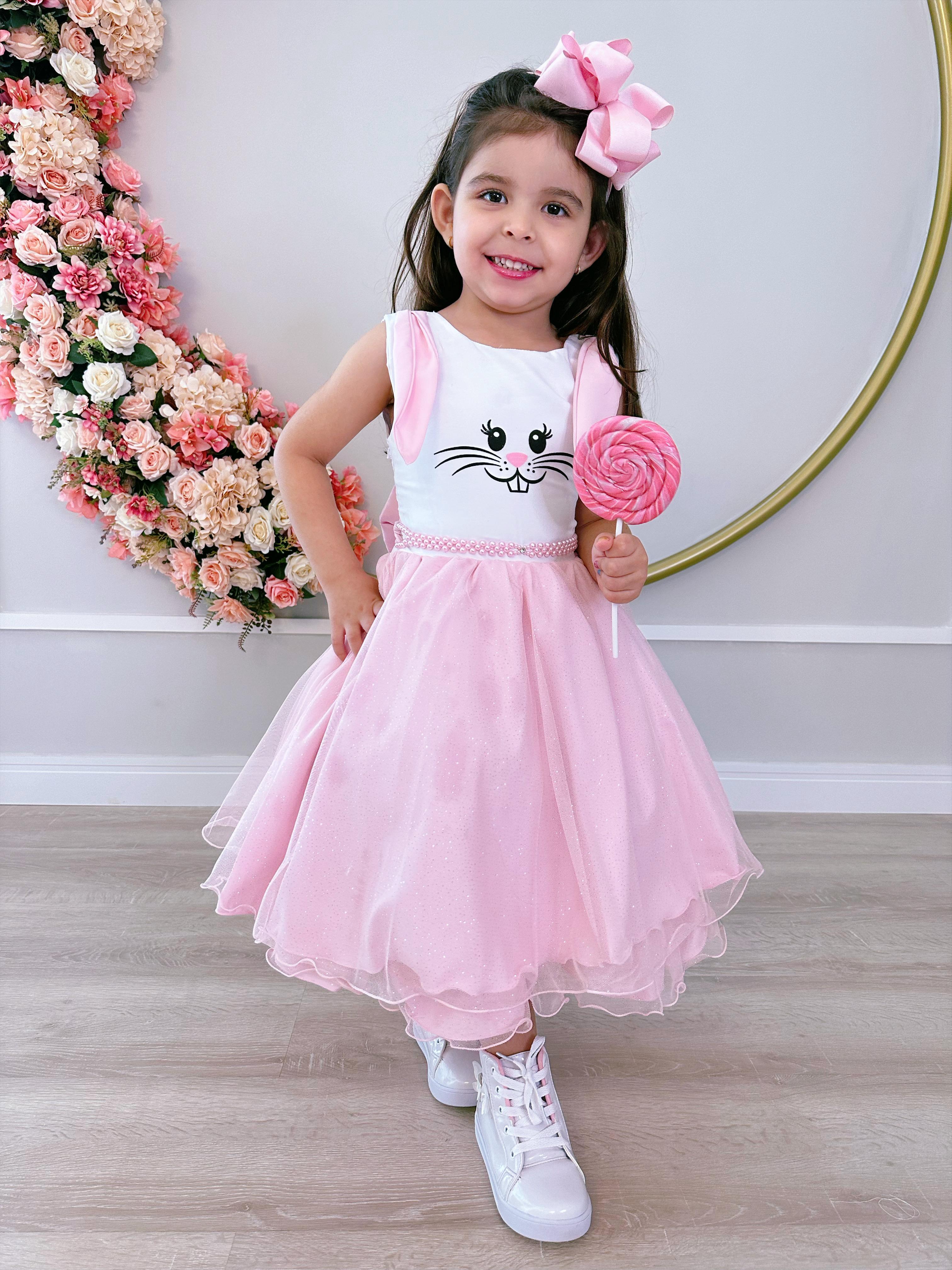 Vestido Infantil Coelho da Páscoa Saia C/ Glitter Luxo