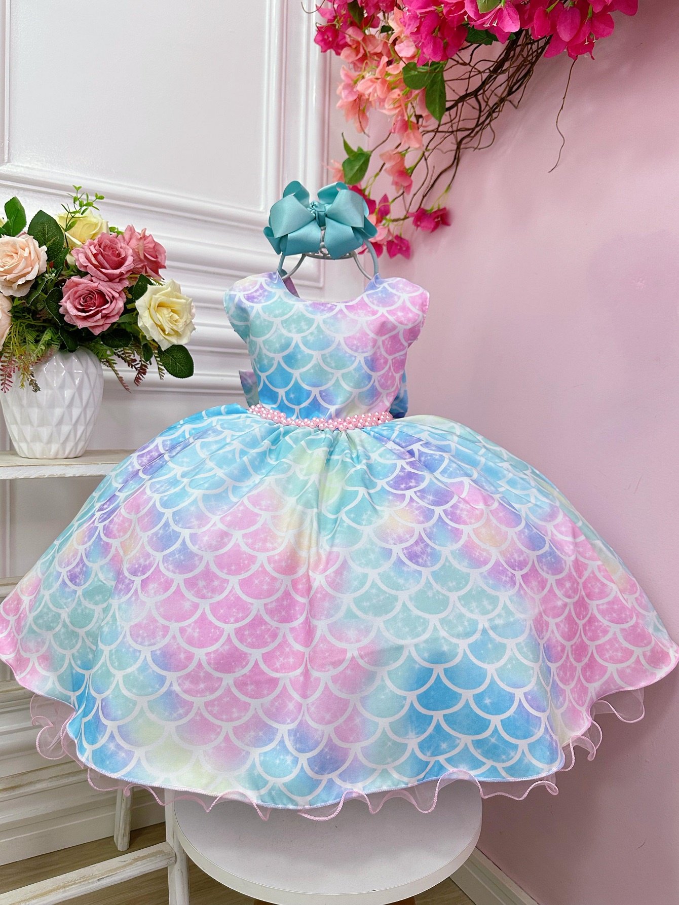 Vestido Infantil Colorido Escamas Sereia Ariel Luxo Festas