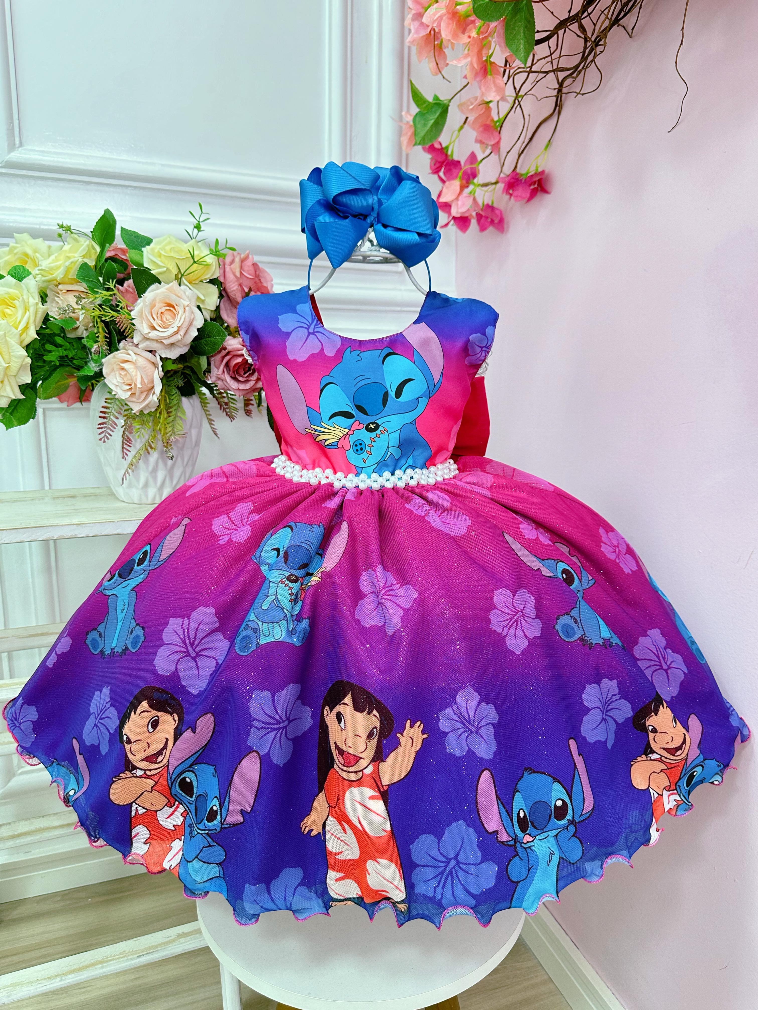 Vestido Infantil da Lilo e Stitch Colorido C/ Glitter Festas