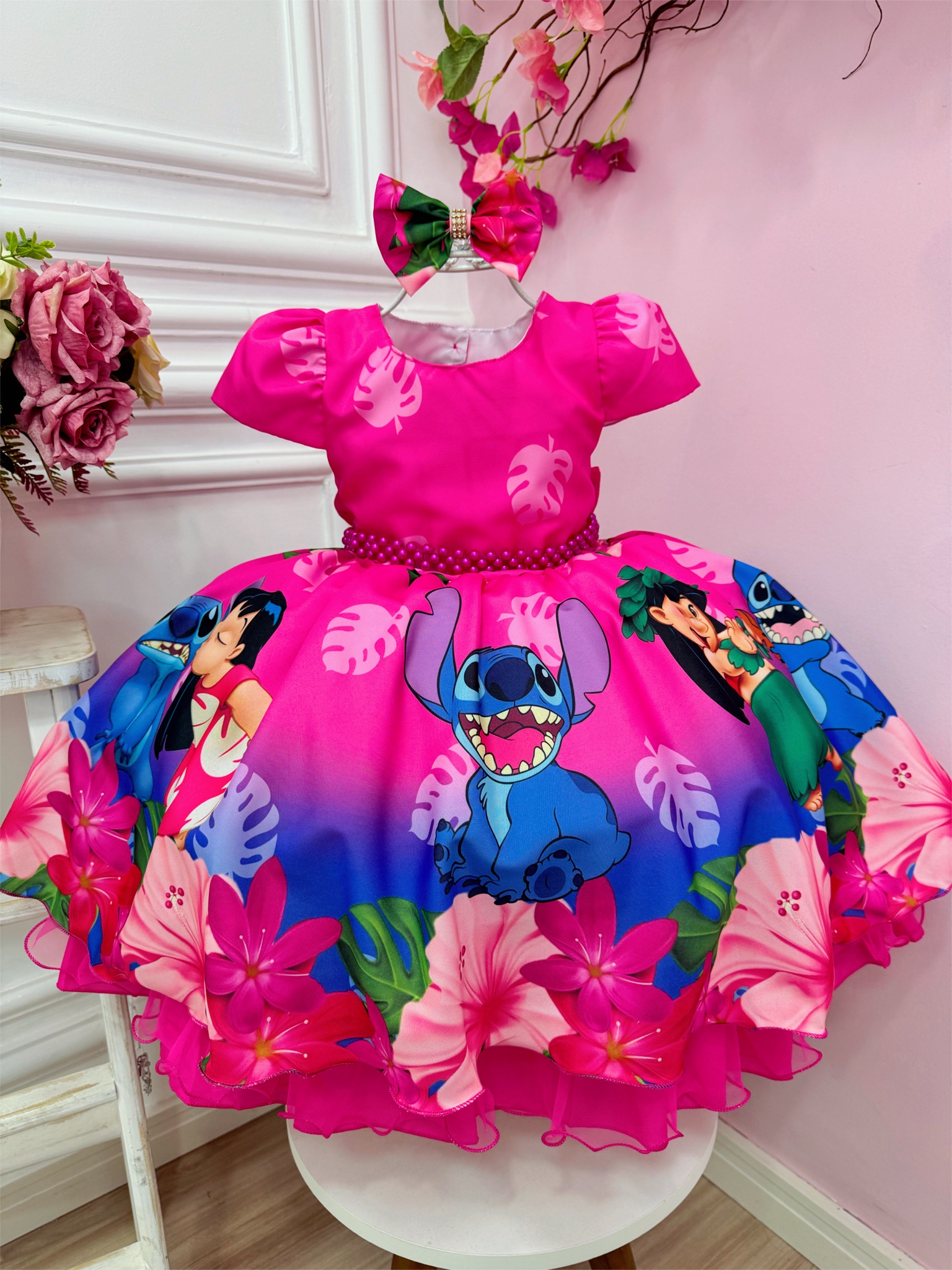 Vestido Infantil da Lilo e Stitch Rosa Chiclete C/ Laço Festas