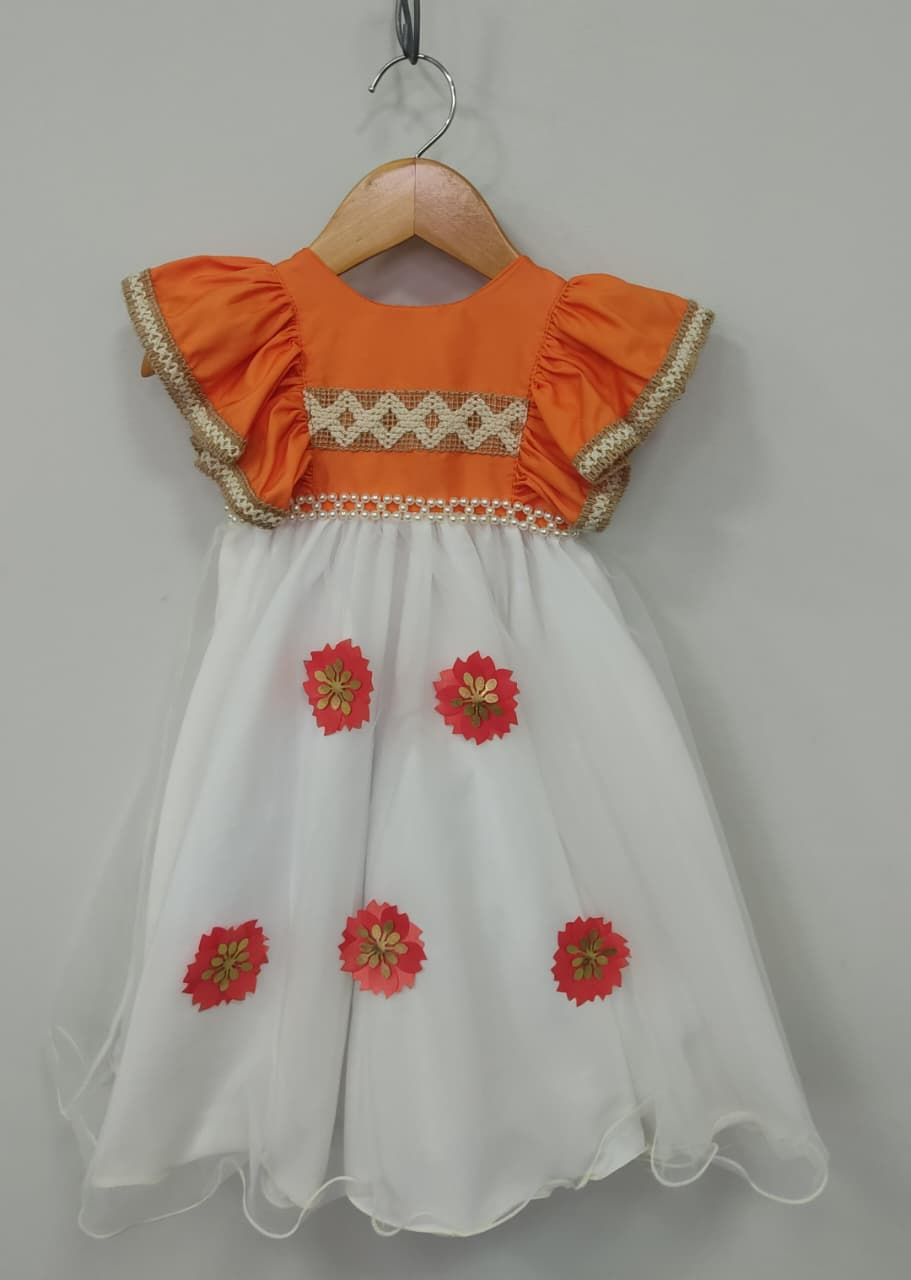 Vestido Infantil da Moana Laranja C/ Apliques de Flores Festa