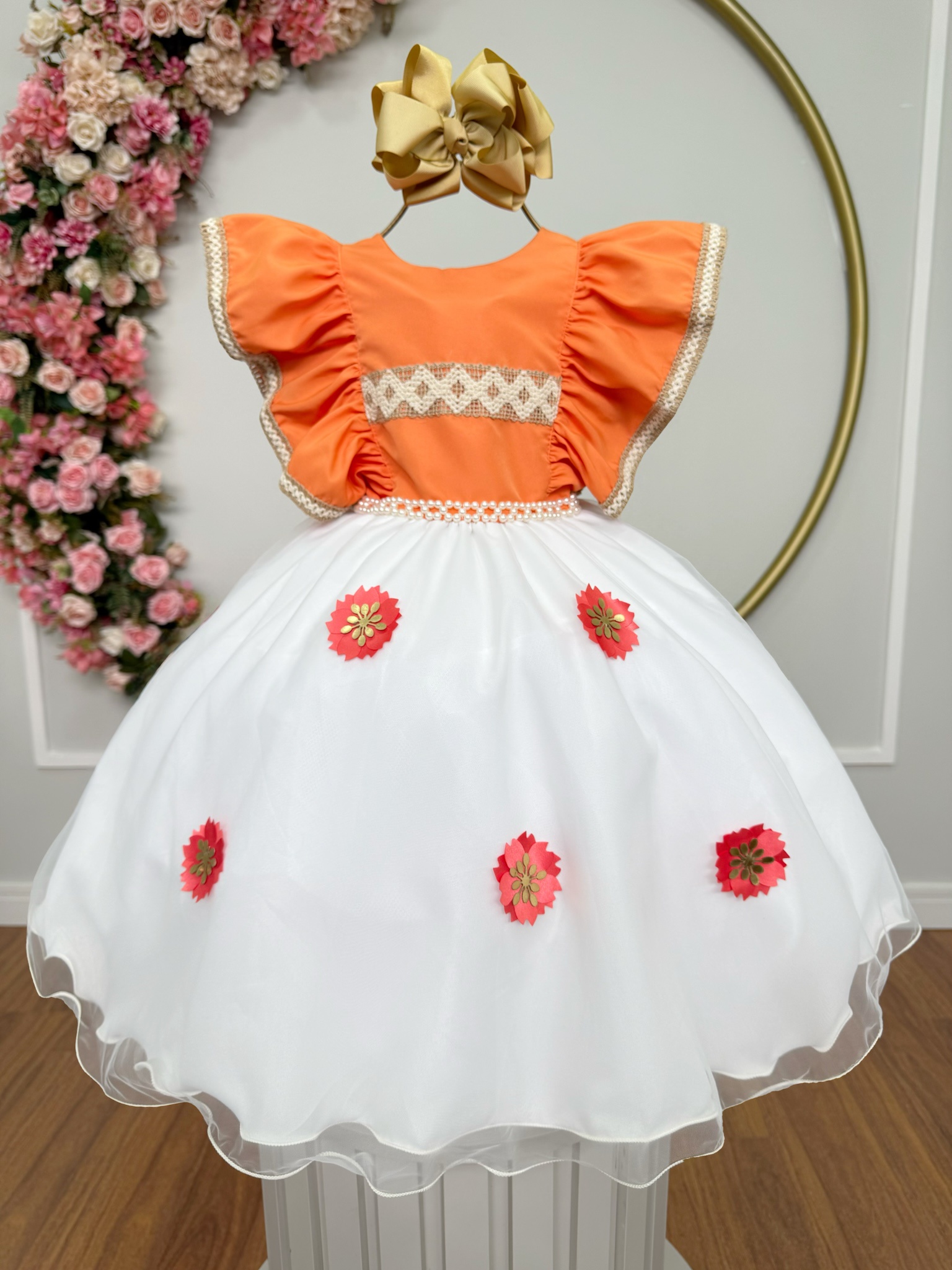 Vestido Infantil da Moana Laranja C/ Apliques de Flores Festa